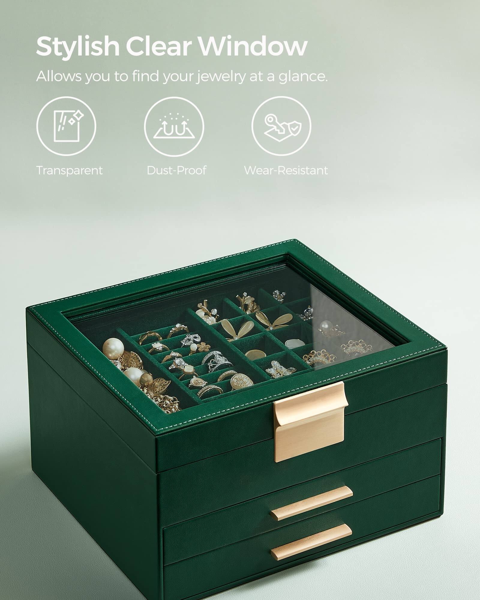 Stylish Clear Window  
Allows you to find your jewelry at a glance.  

Transparent  
Dust-Proof  
Wear-Resistant
