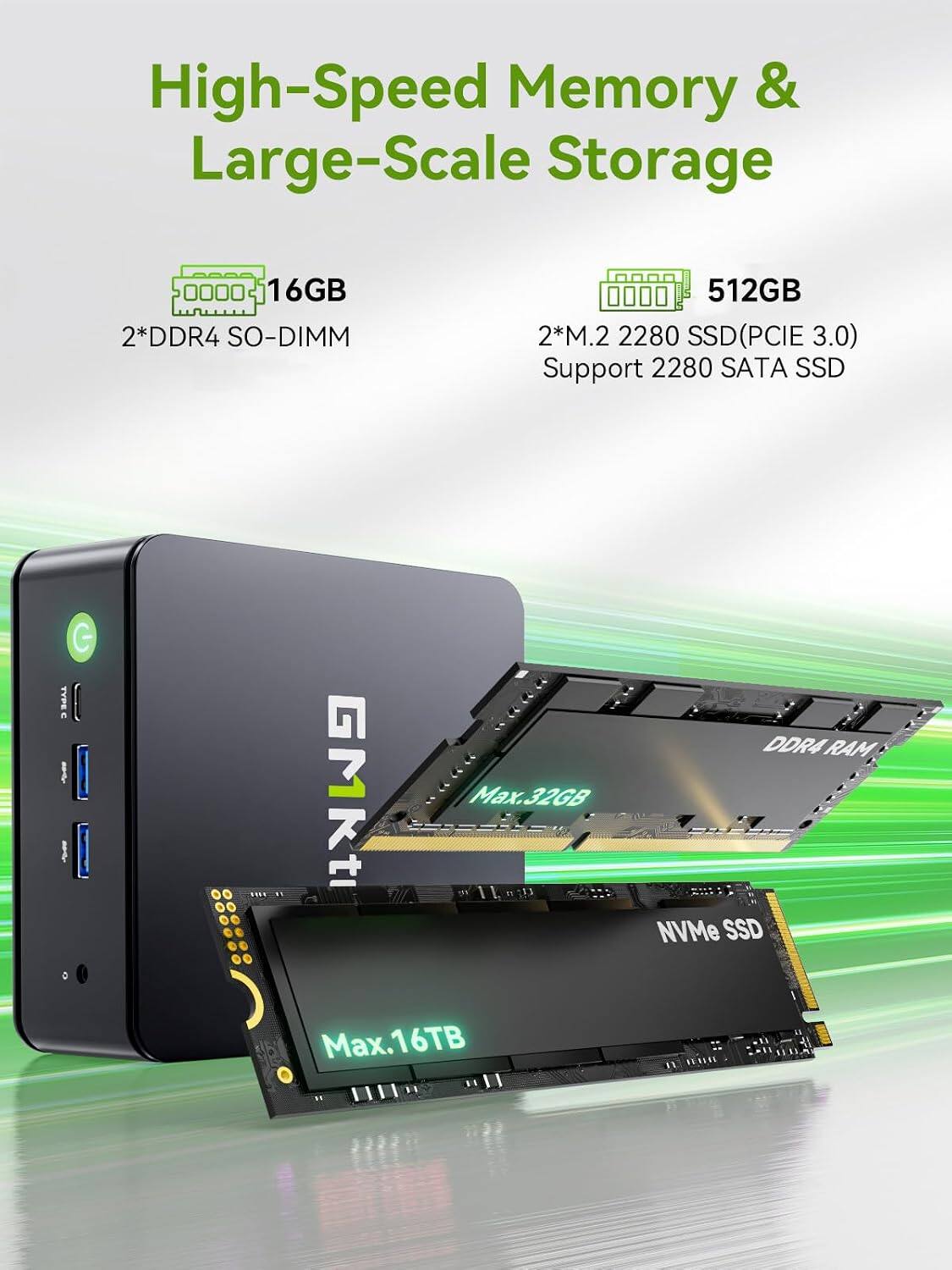 High-Speed Memory & Large-Scale Storage

16GB 2*DDR4 SO-DIMM

512GB 2*M.2 2280 SSD(PCIE 3.0) Support 2280 SATA SSD

GMKti Max.32GB Max. 16TB

DDR4 RAM NVMe SSD