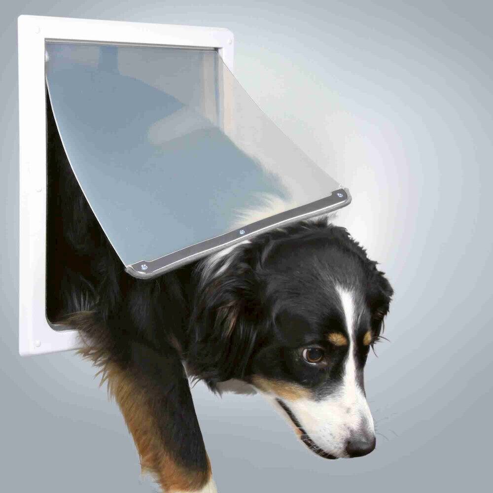 Angle. TRIXIE - 2-Way Pet Door for Doors with Lockable Panel, For Medium to Large Dogs - White.