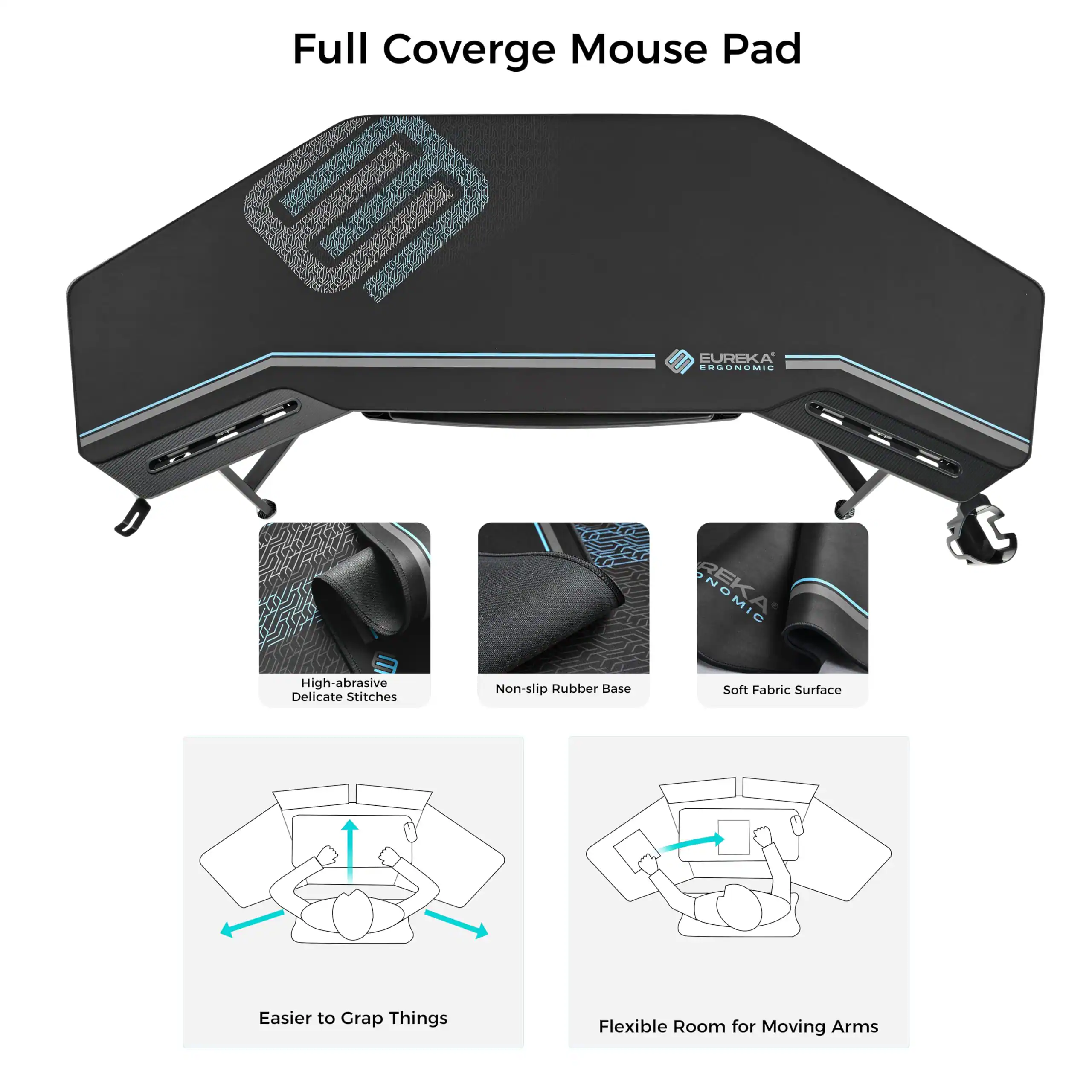 Full Coverge Mouse Pad - I EUREKA ERGONOMIC 3 High-abrasive Delicate Stitches Non-slip Rubber Base Soft Fabric Surface Easier to Grap Things Flexible Room for Moving Arms