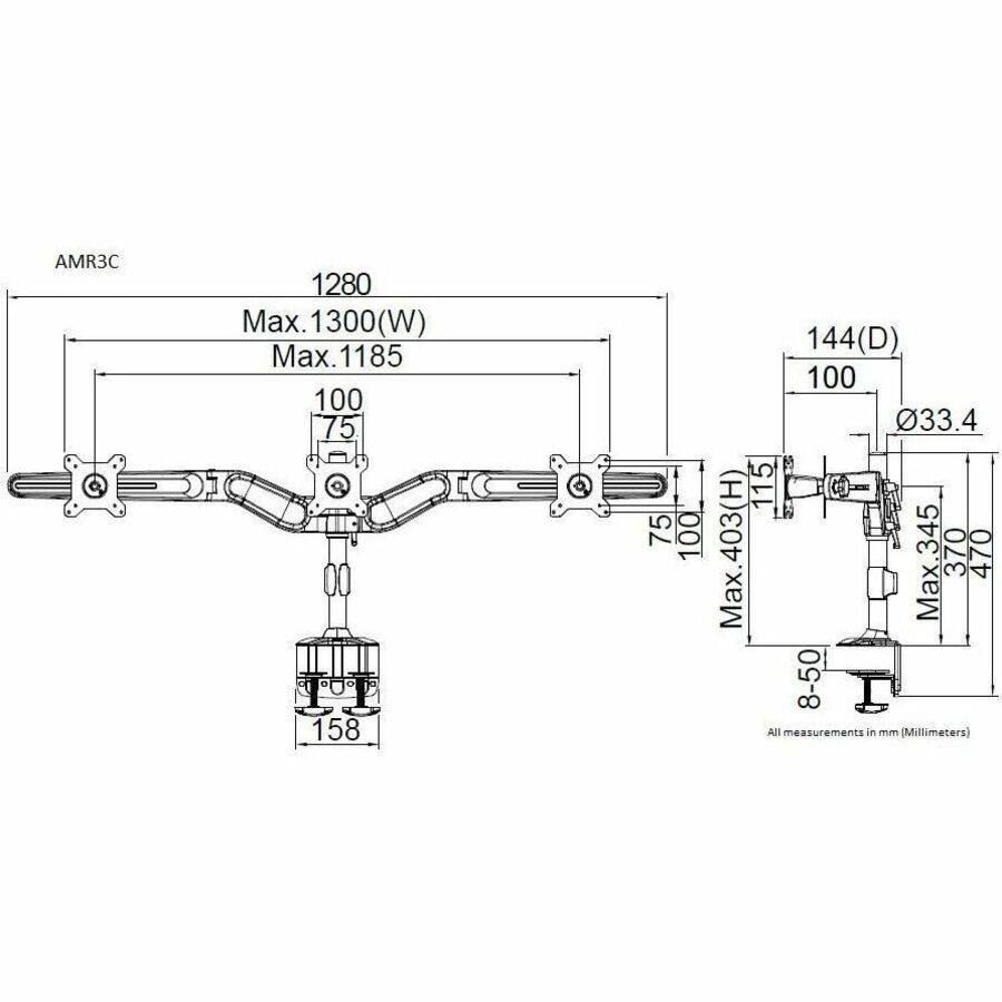 AMR3C  
1280  
Max. 1300(W)  
Max. 1185  
100  
75  
158  
144(D)  
100  
Ø33.4  
115  
75  
100  
345  
Max. 403(H)  
Max. 370  
470  
8-50  
All measurements in mm (Millimeters)