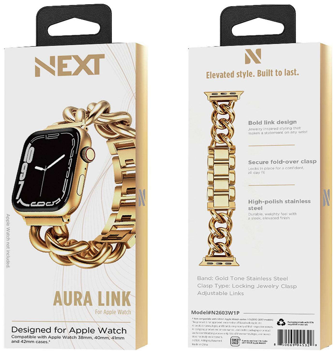 NEXT Apple 1097 Watch not included. AURA LINK For Apple Watch Designed for Apple Watch Compatible with Apple Watch 38mm, 40mm, 41mm and 42mm cases. 

Elevated style. Built to last. Bold link design Jewelry inspired styling that makes a statement on any wrist Secure fold-over clasp Locks in place for a confident. Is day fit High-polish stainless steel Durable, weighty feel with 2 sleek, elevated finish Band: Gold Tone Stainless Steel Clasp Type: Locking Jewelry Clasp Adjustable Links Model#N2603W1P