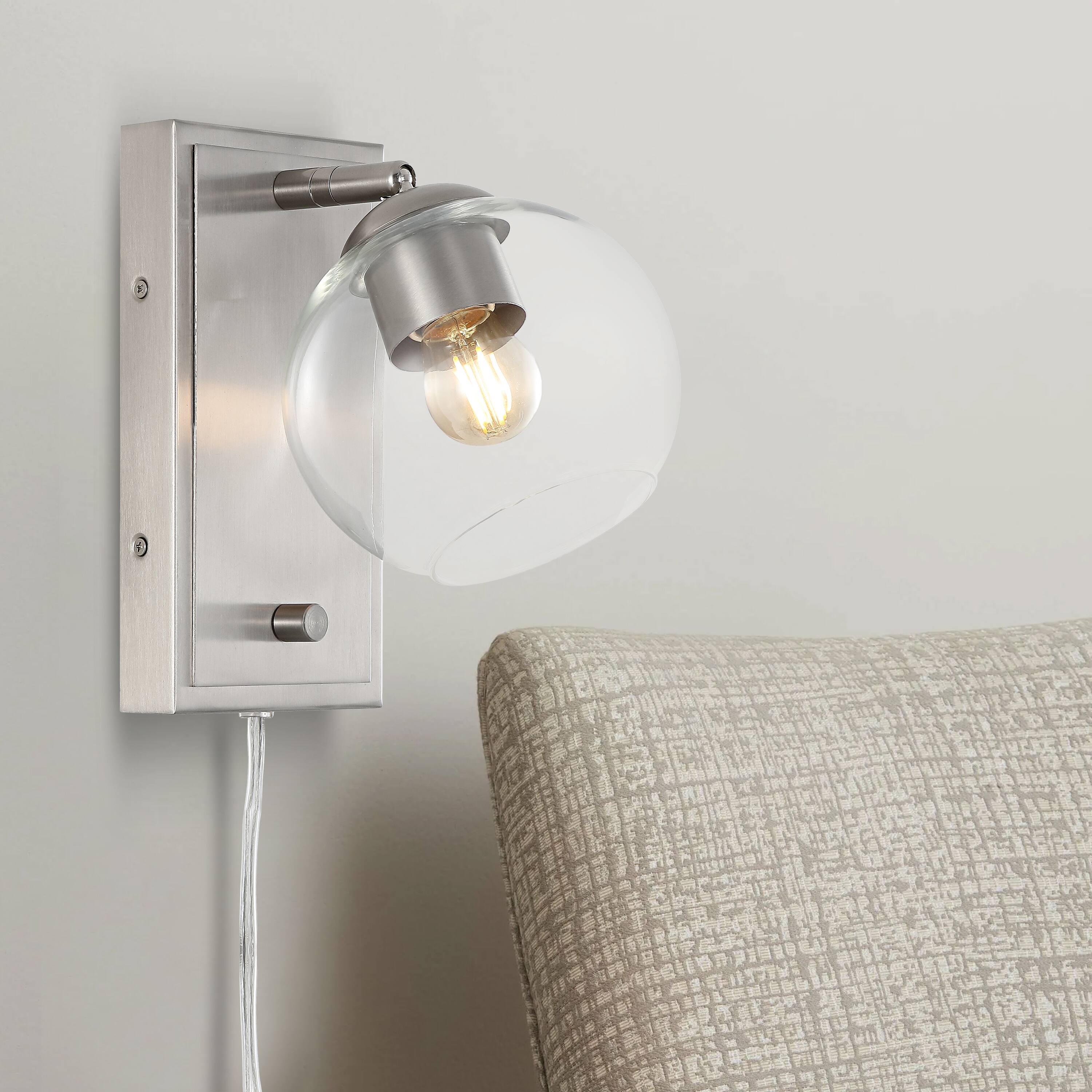 Alt View 9. Jonathan Y - Hugo 6" 1-Light Plug-In or Hardwired Adjustable Iron LED Wall Sconce with Rotary Dimmer, Nickel with Clear Globe - Nickel.
