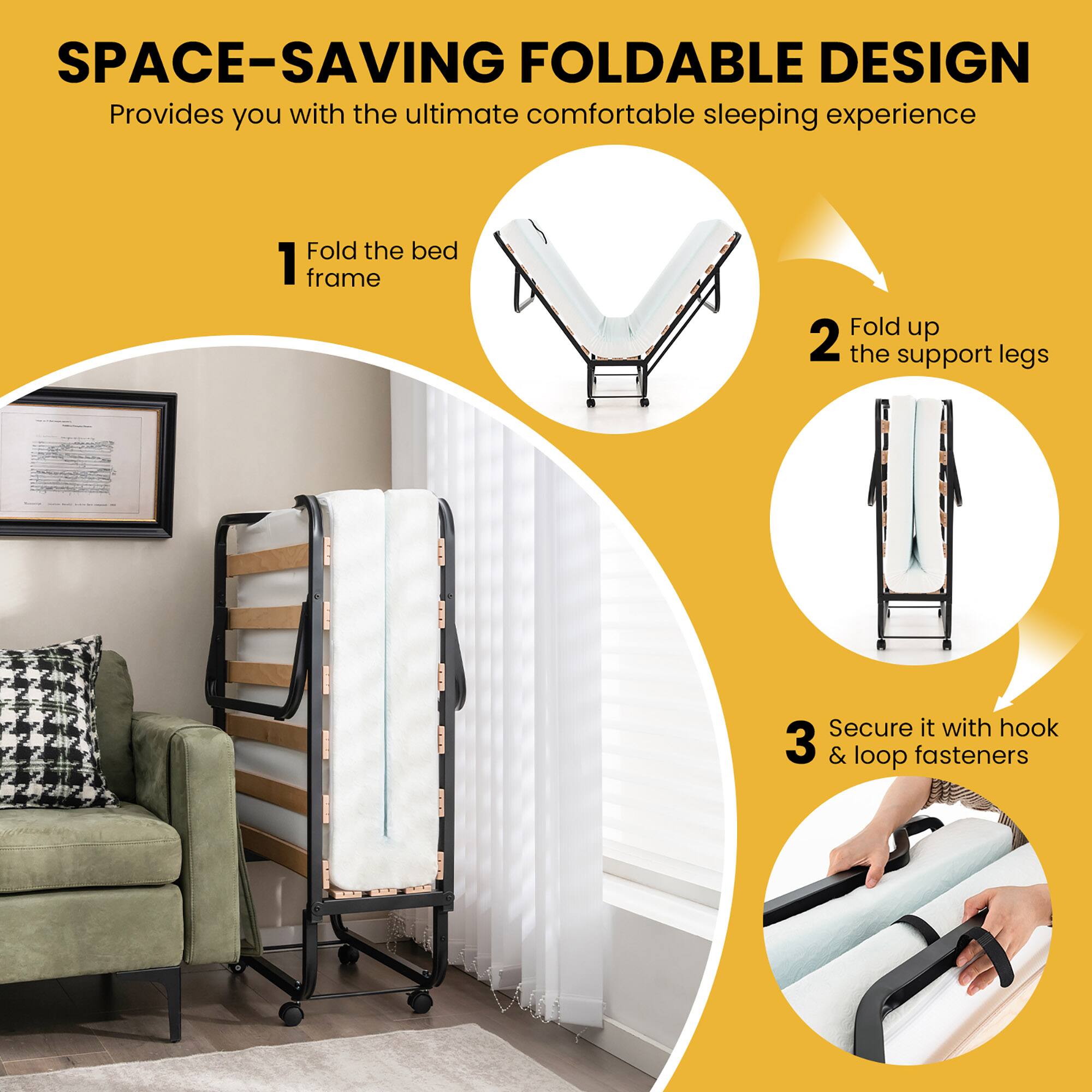 Gymax Portable Foldable Guest Bed w/ Solid Wood Slats & Metal