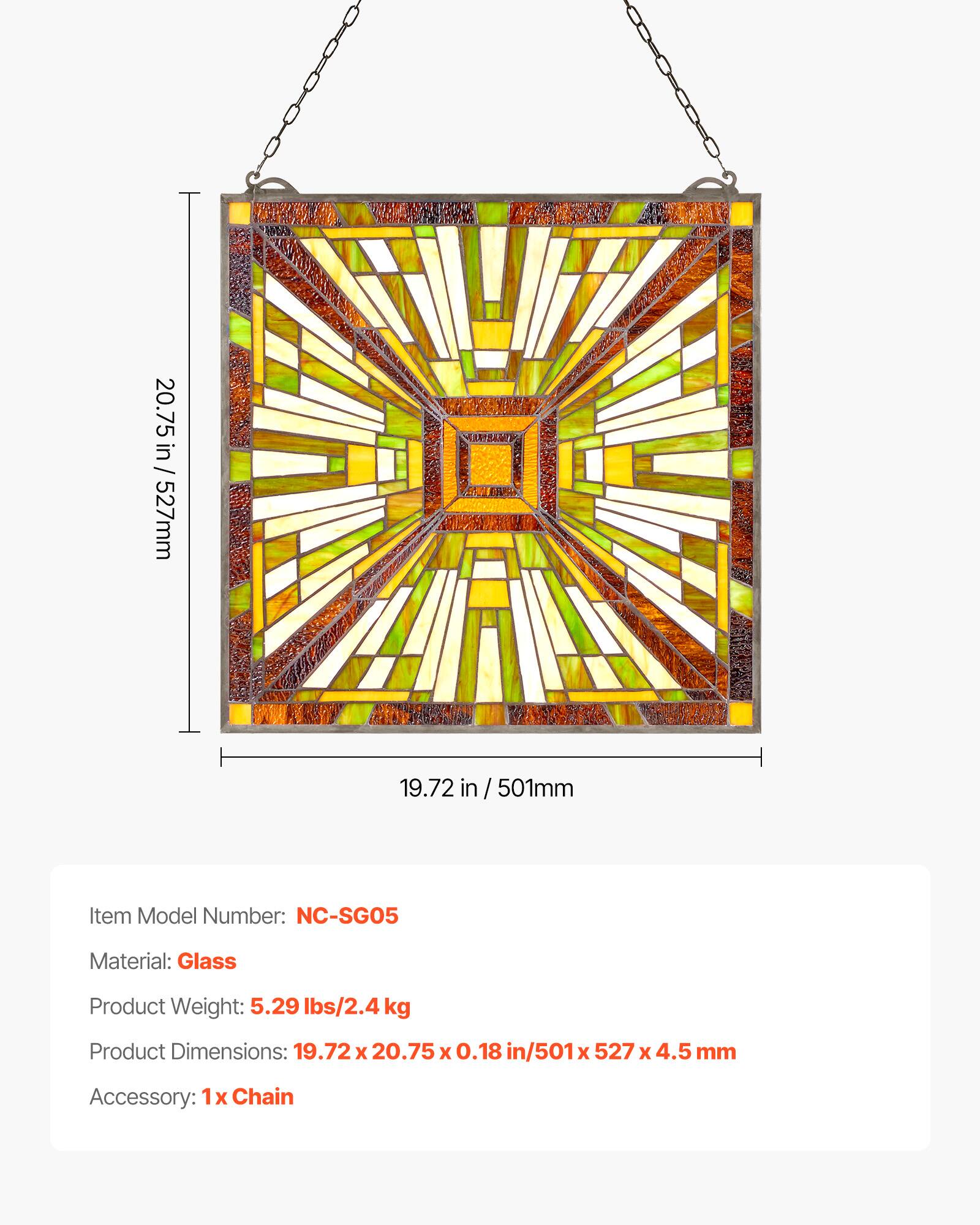 20.75 in / 527mm  
19.72 in / 501mm  

Item Model Number: NC-SGO5  
Material: Glass  
Product Weight: 5.29 lbs/2.4 kg  
Product Dimensions: 19.72 x 20.75 x 0.18 in/501 x 527 x 4.5 mm  
Accessory: 1x Chain