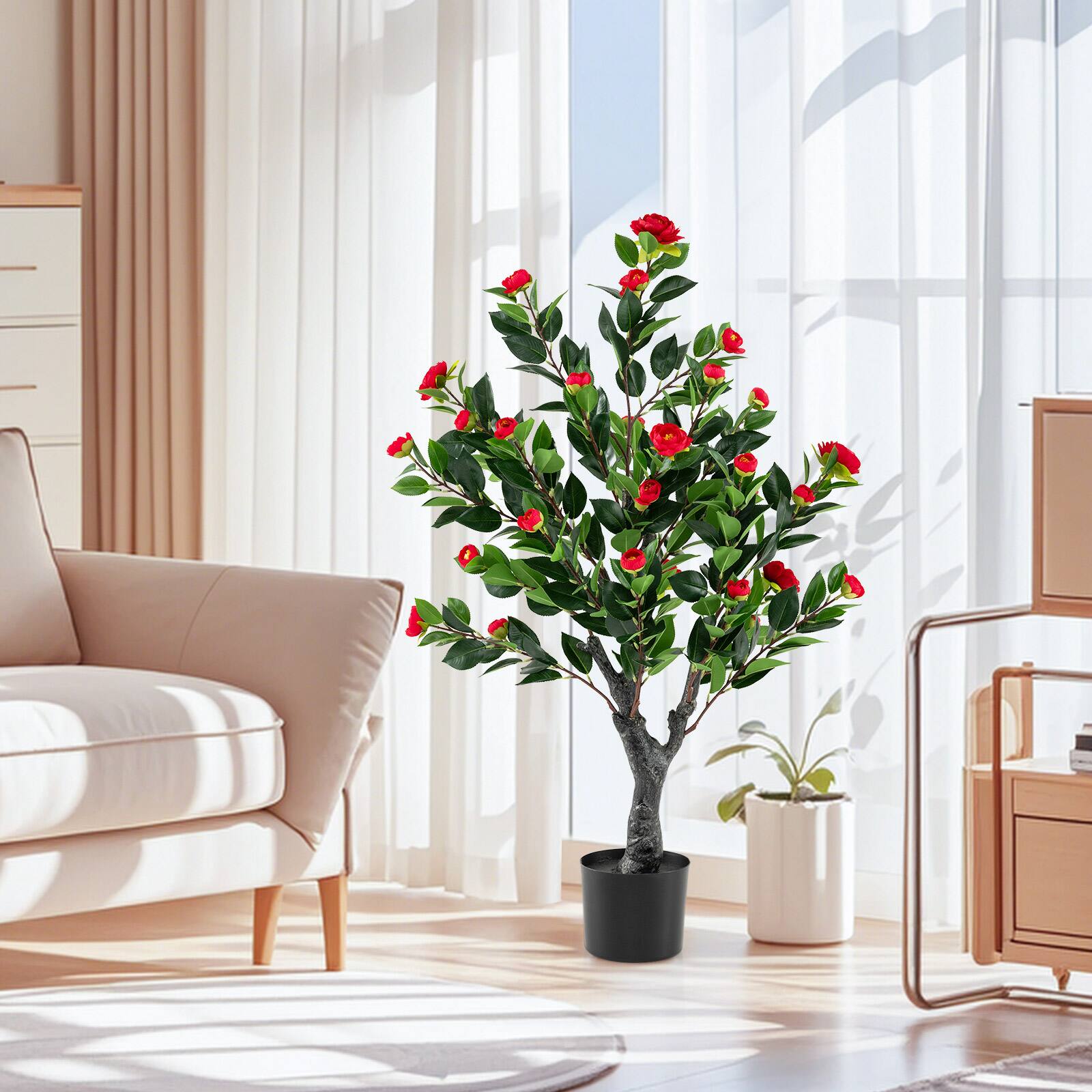 Alt View 3. Costway - Costway 39.5" Artificial Camellia Tree Set of 2 with 36 Red Blossom Fabric Flower for Home - Red+Green.