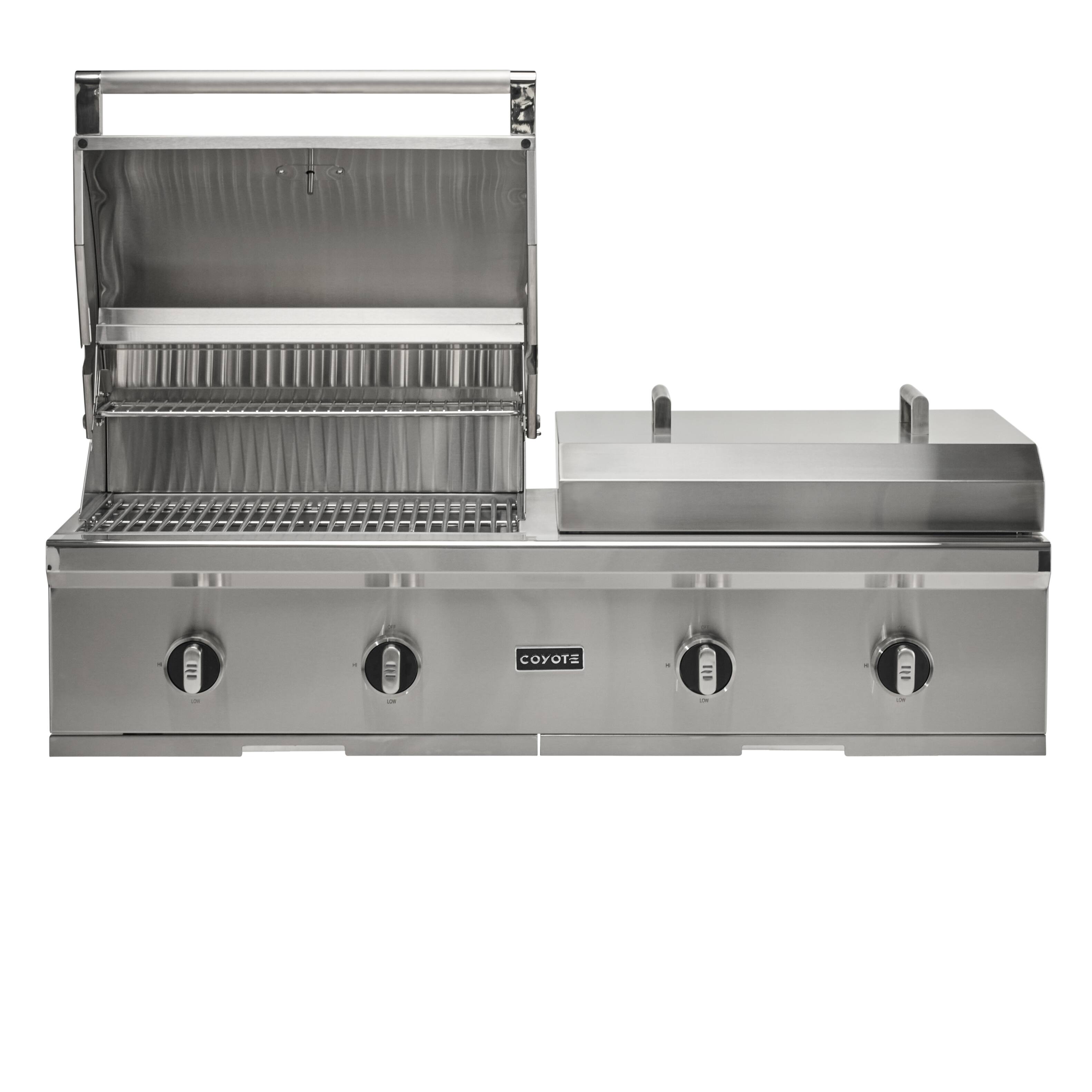 Left. Coyote Outdoor Living - 50" Coyote Outdoor Living Combination Liquid Propane Gas (LP) Grill and Flat Top Grill - Stainless Steel.