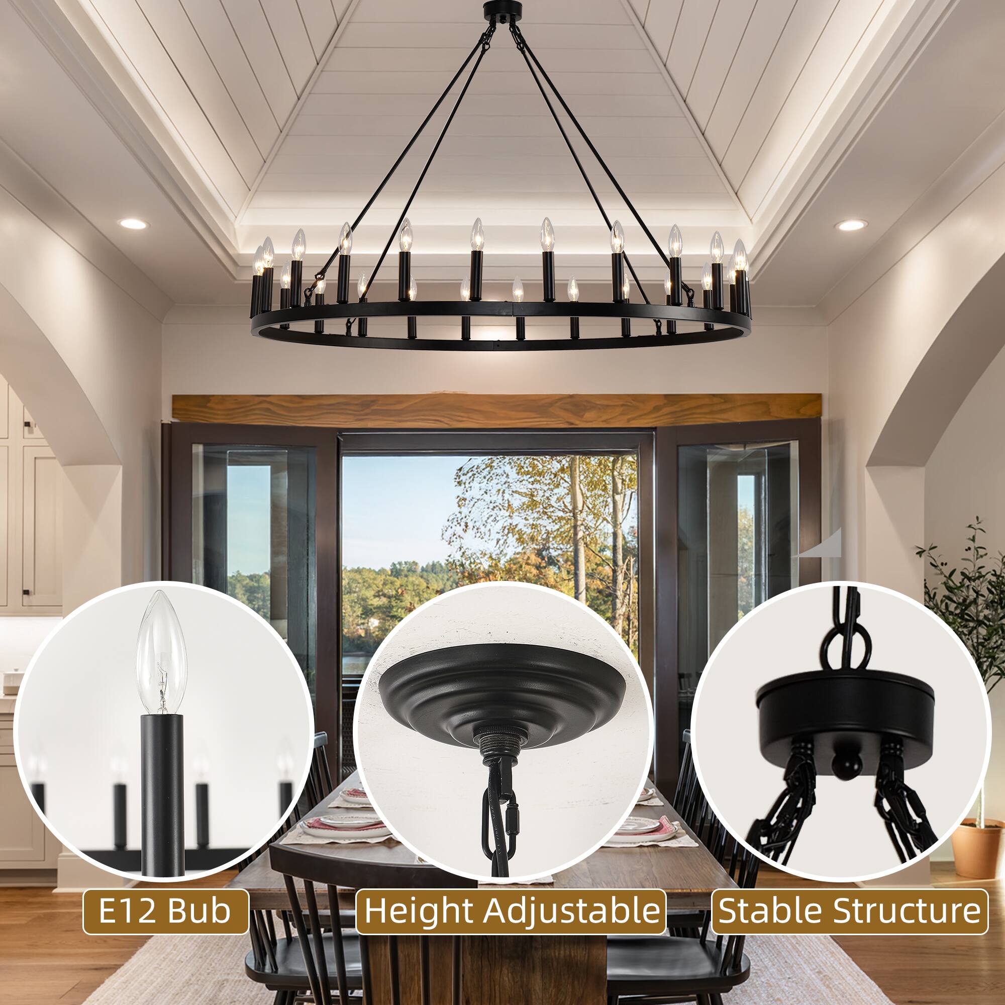 Alt View 3. RYHNUYNE - 48" Farmhouse Wagon Wheel Chandelier 24-Light Round Large Pendant Light Fixture Black Metal Chandelier for Porch Barn - Black.