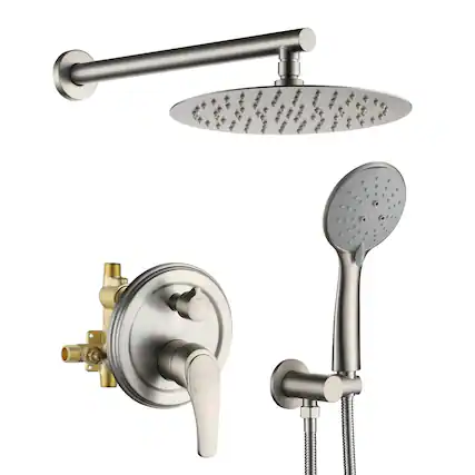Front. Boyel Living - 5-Spray Patterns with 2.3 GPM 10 in. Wall Mount Dual Shower Heads with Valve Included in Brushed Nickel - Brushed Nickel.