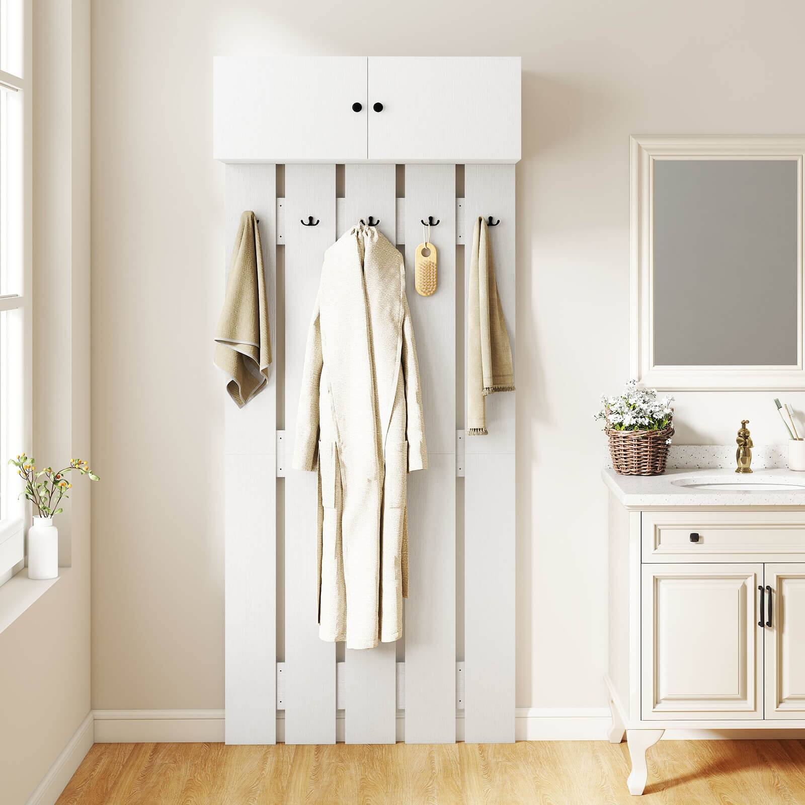 Alt View 1. Costway - Costway Wall Mounted Entryway Wall Coat Rack with 5 Double Hooks & 2-Door Cabinet Hallway - White.