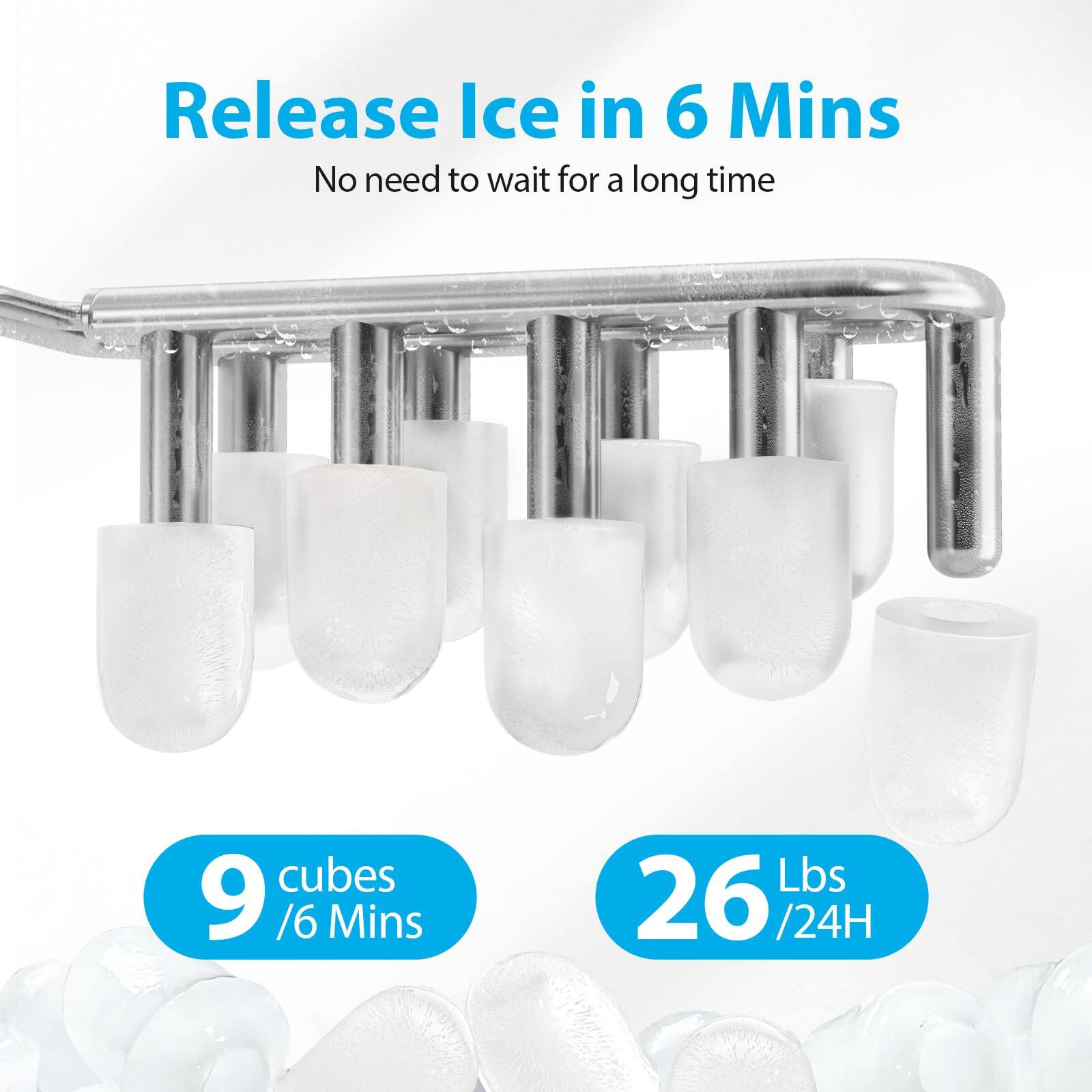 Release Ice in 6 Mins  
No need to wait for a long time  

9 cubes / 6 Mins  
26 Lbs / 24H