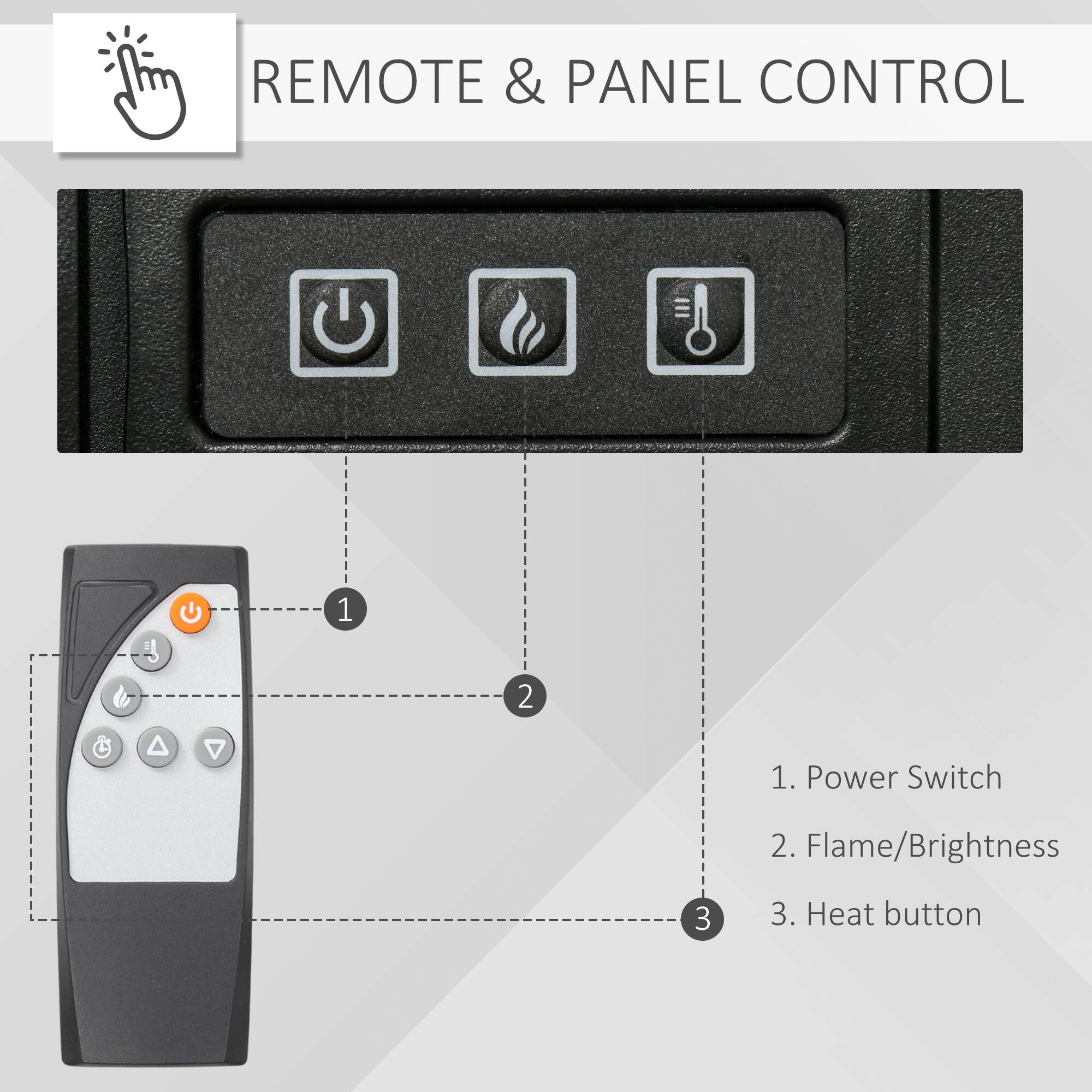 REMOTE & PANEL CONTROL

1. Power Switch
2. Flame/Brightness
3. Heat button