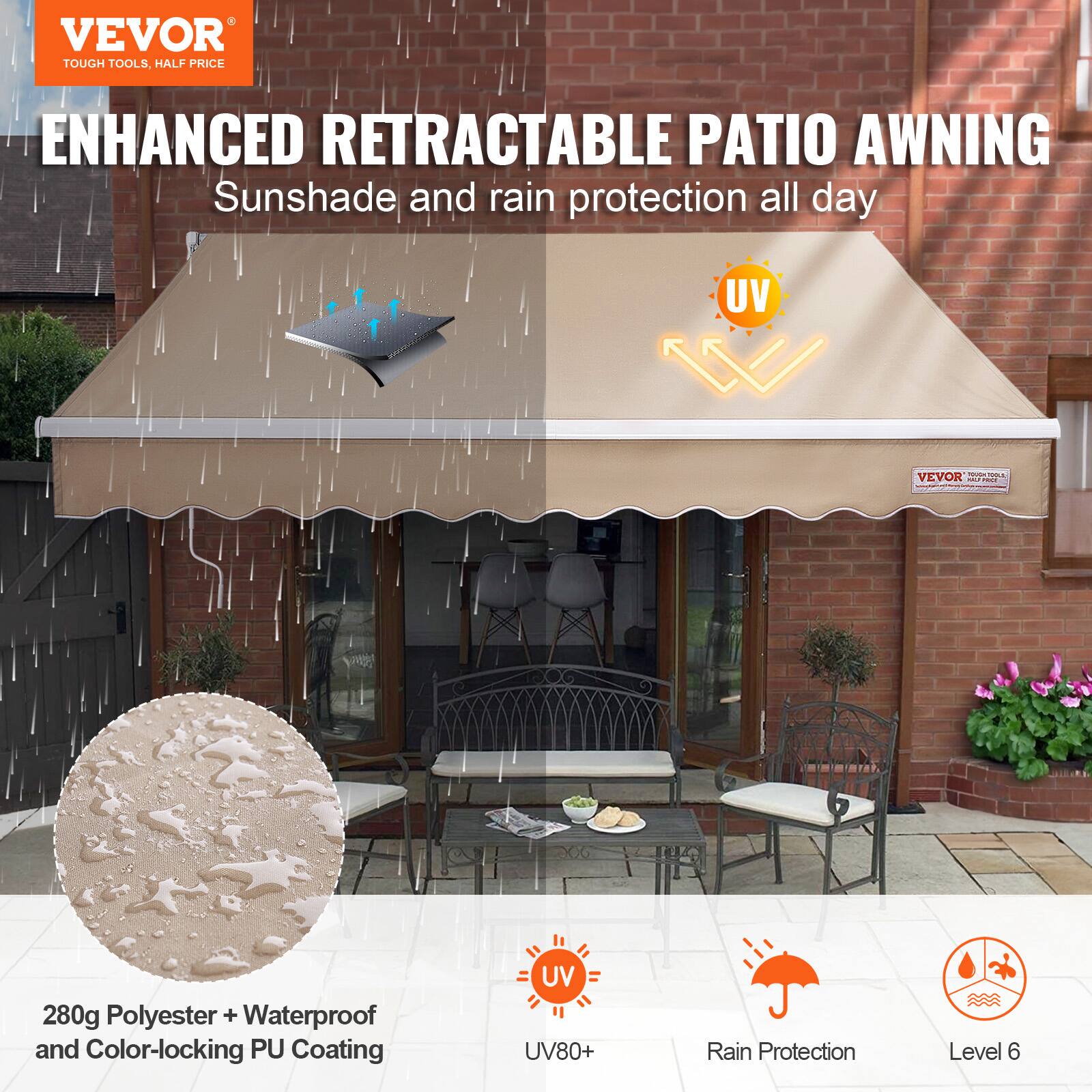 VEVOR TOUGH TOOLS, HALF PRICE ENHANCED RETRACTABLE PATIO AWNING Sunshade and rain protection all day UV80+ | 280g Polyester + Waterproof and Color-locking PU Coating Rain Protection Level 6