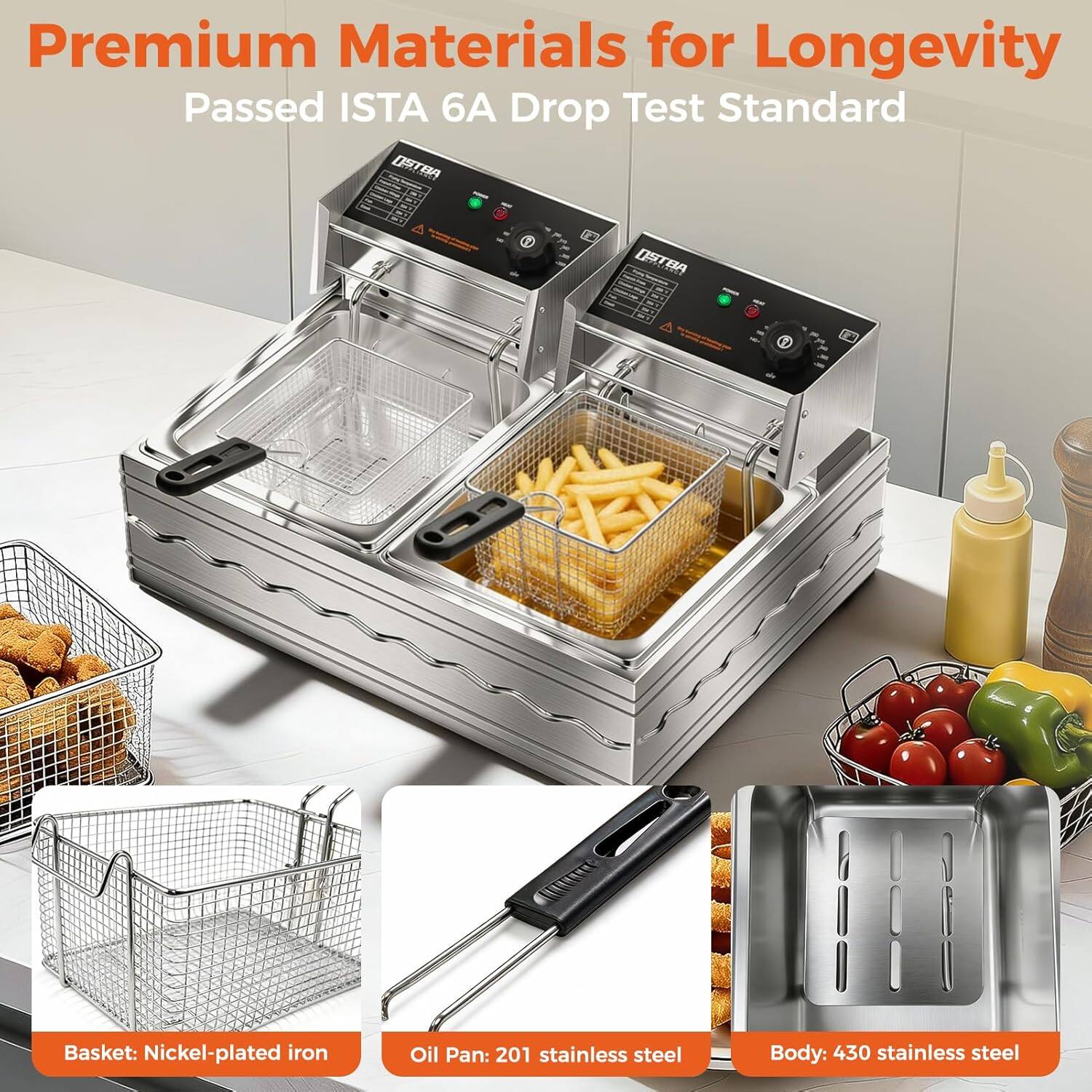 Premium Materials for Longevity  
Passed ISTA 6A Drop Test Standard  

Basket: Nickel-plated iron  
Oil Pan: 201 stainless steel  
Body: 430 stainless steel
