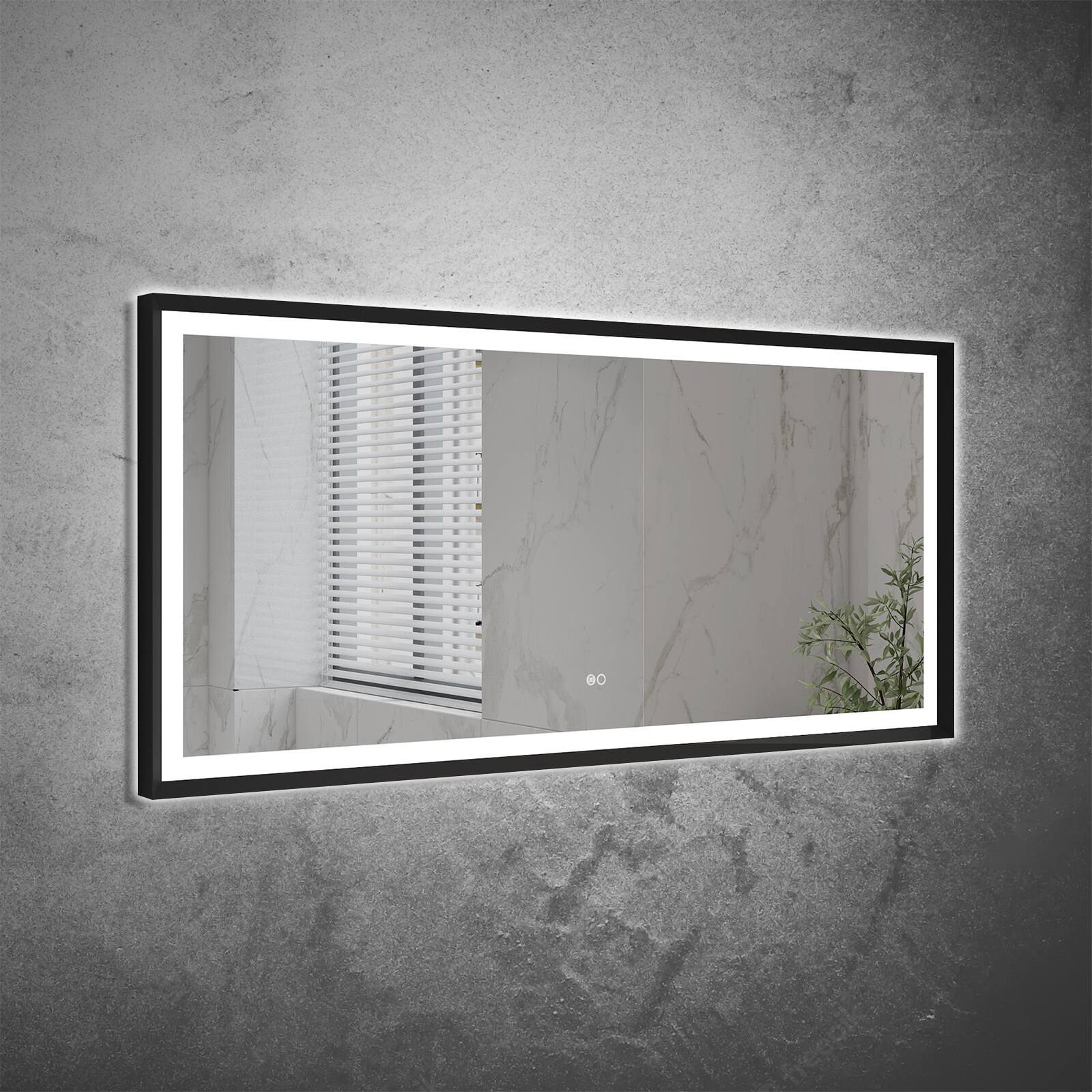 Back. WELLFOR - 60 in W x 28 in. H Rectangular Single Aluminum Framed Anti-Fog LED Light Wall Bathroom Vanity Mirror - Matte Black.