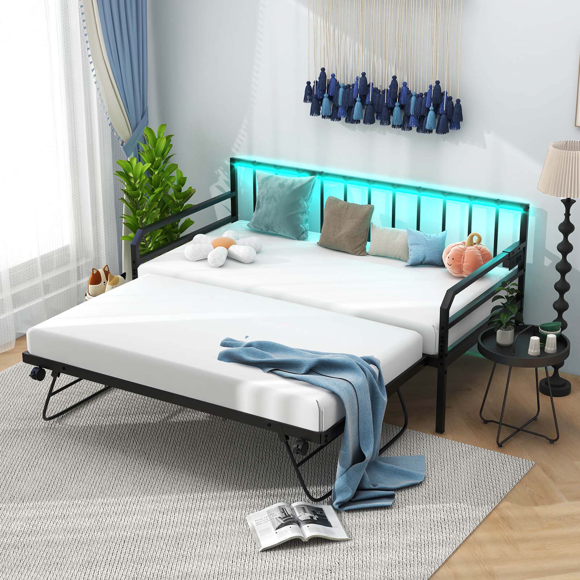 Alt View 9. Costway - Twin Size Daybed with Pop-up Trundle Charging Station & LED Lights for Living Room - Black.