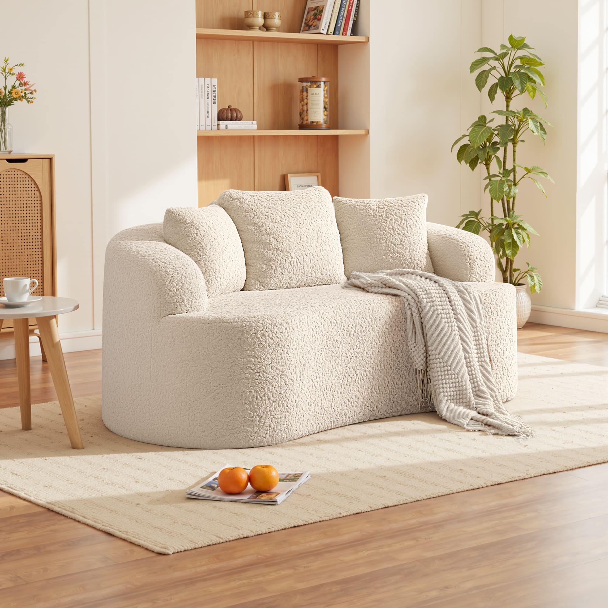 KERDOM - 65" Boucle Curved Loveseat Sofa with Pillows for Living Room, Apartment, Small Space, Teddy Plush Floor Couch No Install - Beige