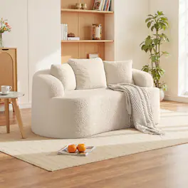 KERDOM - 65" Boucle Curved Loveseat Sofa with Pillows for Living Room, Apartment, Small Space, Teddy Plush Floor Couch No Install - Beige