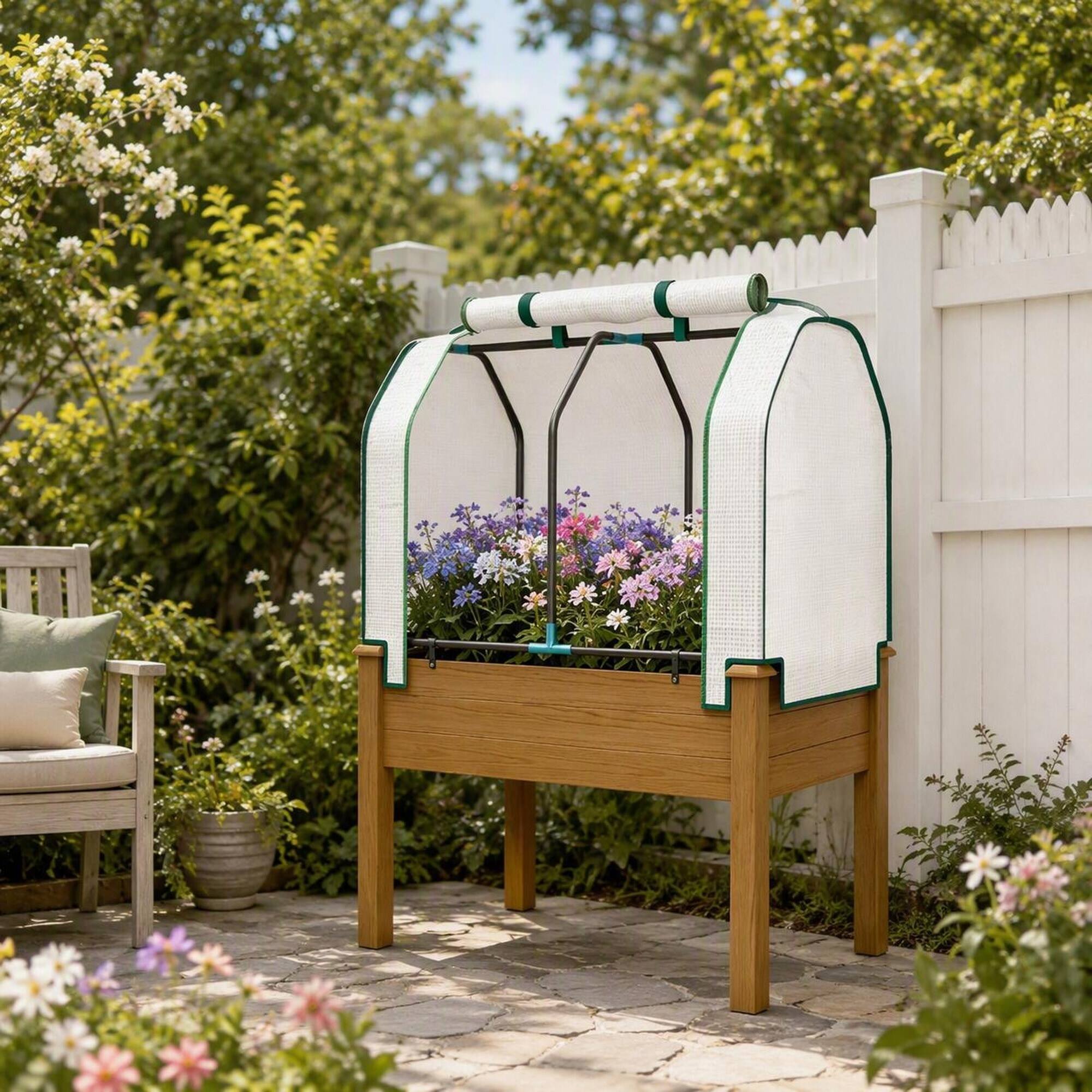 Back. RYHNUYNE - Wooden Raised Garden Bed with Roll-Up Cover and Steel Frame, 35.4x21.7x46.9 Inches, Brown, for Vegetables - Brown.
