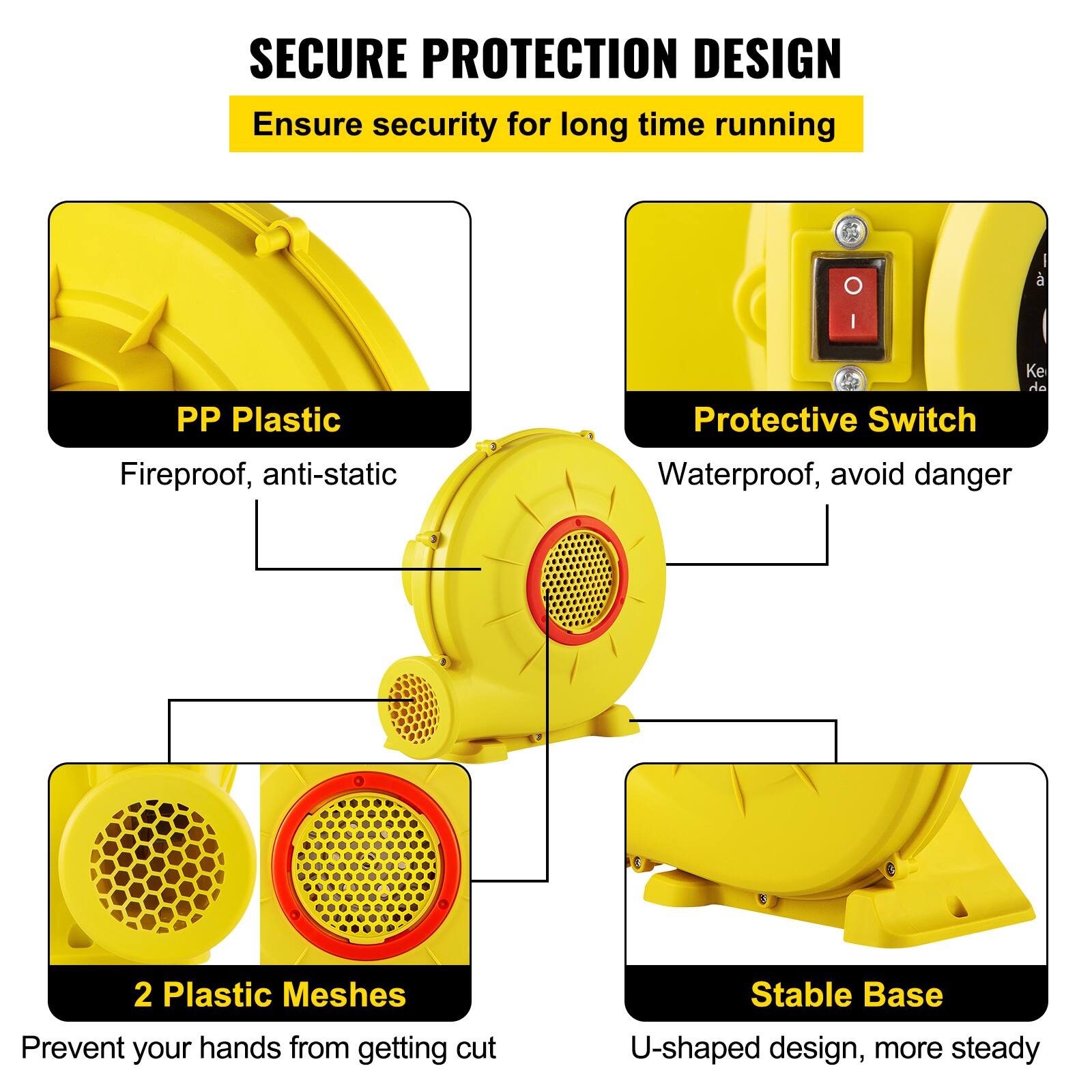 SECURE PROTECTION DESIGN  
Ensure security for long time running

- PP Plastic  
  Fireproof, anti-static

- Protective Switch  
  Waterproof, avoid danger

- 2 Plastic Meshes  
  Prevent your hands from getting cut

- Stable Base  
  U-shaped design, more steady