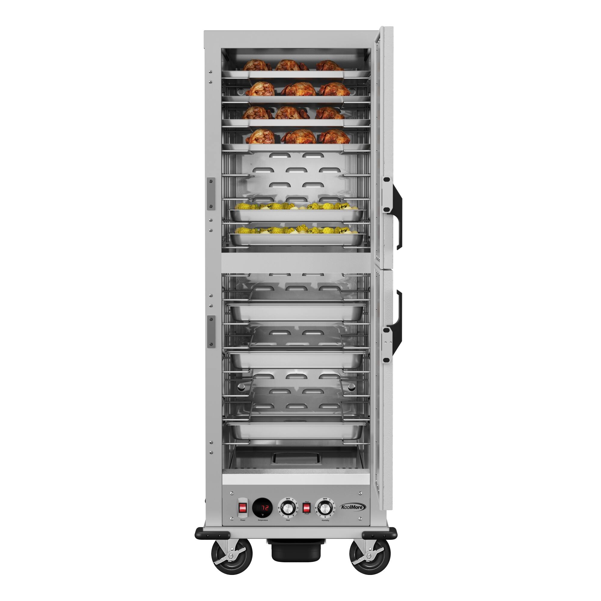 Angle. Koolmore - 33 in. Commercial Insulated Heated Holding/Proofing Cabinet with Wire Racks and Solid Dutch Doors with 16-Pan Capacity - Silver.
