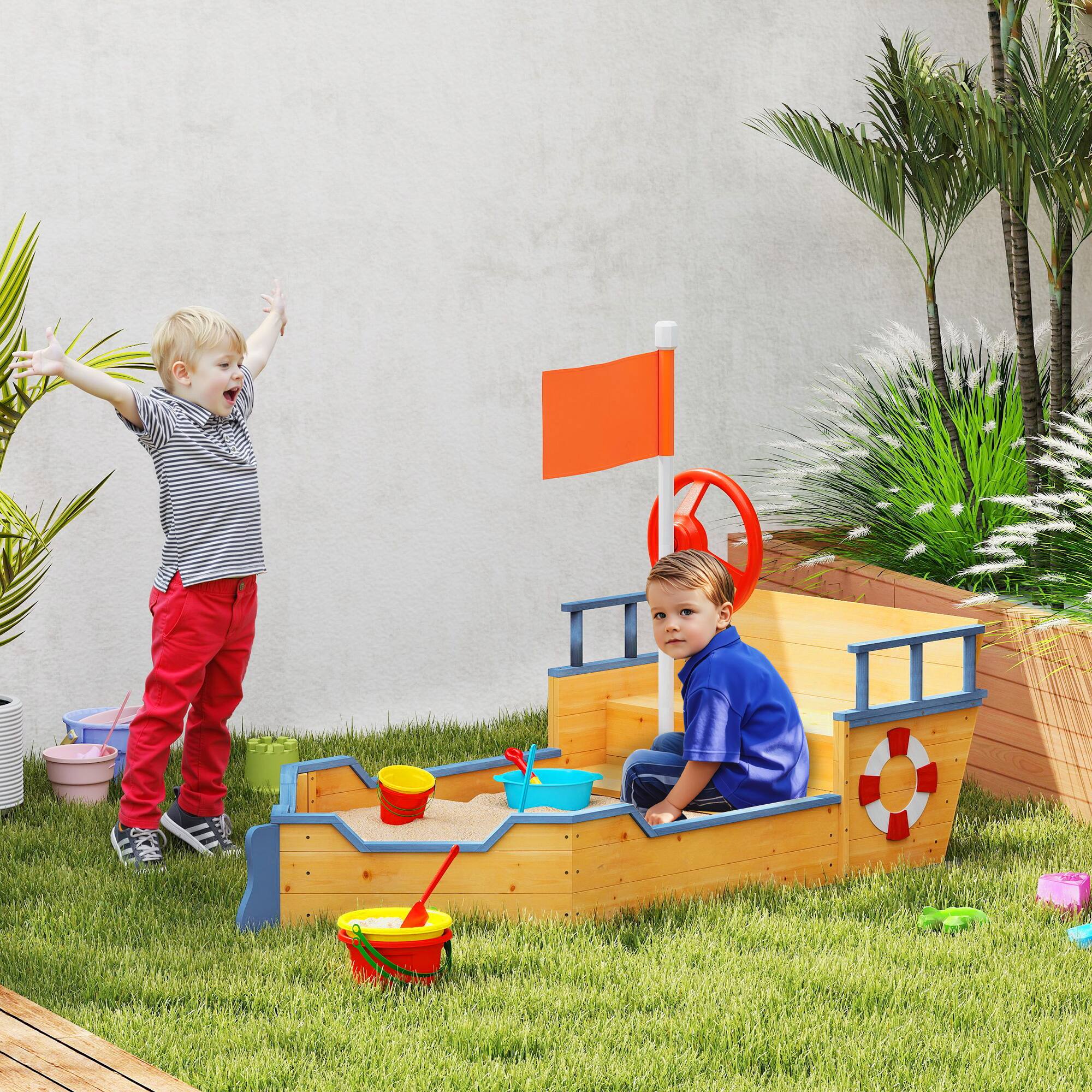 Alt View 1. Outsunny - Kids Wooden Sandbox Pirate Ship Sandboat w/ Bench Seat Storage Space Ceder Wood.