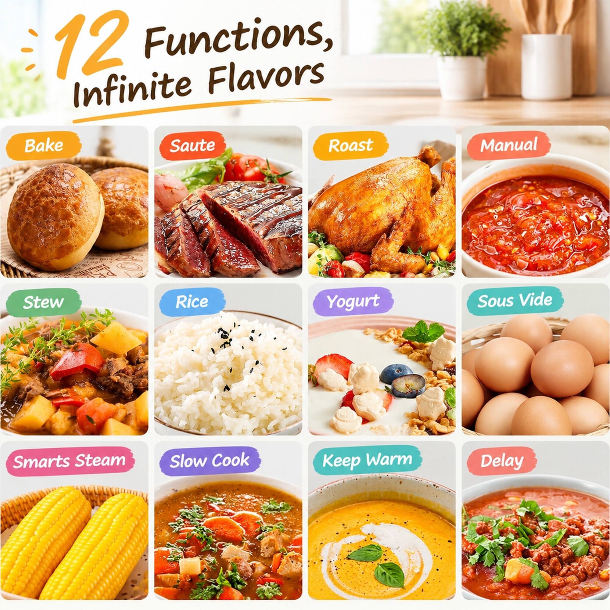 12 Functions, Infinite Flavors

Bake
Saute
Roast
Manual
Stew
Rice
Yogurt
Sous Vide
Smarts Steam
Slow Cook
Keep Warm
Delay
