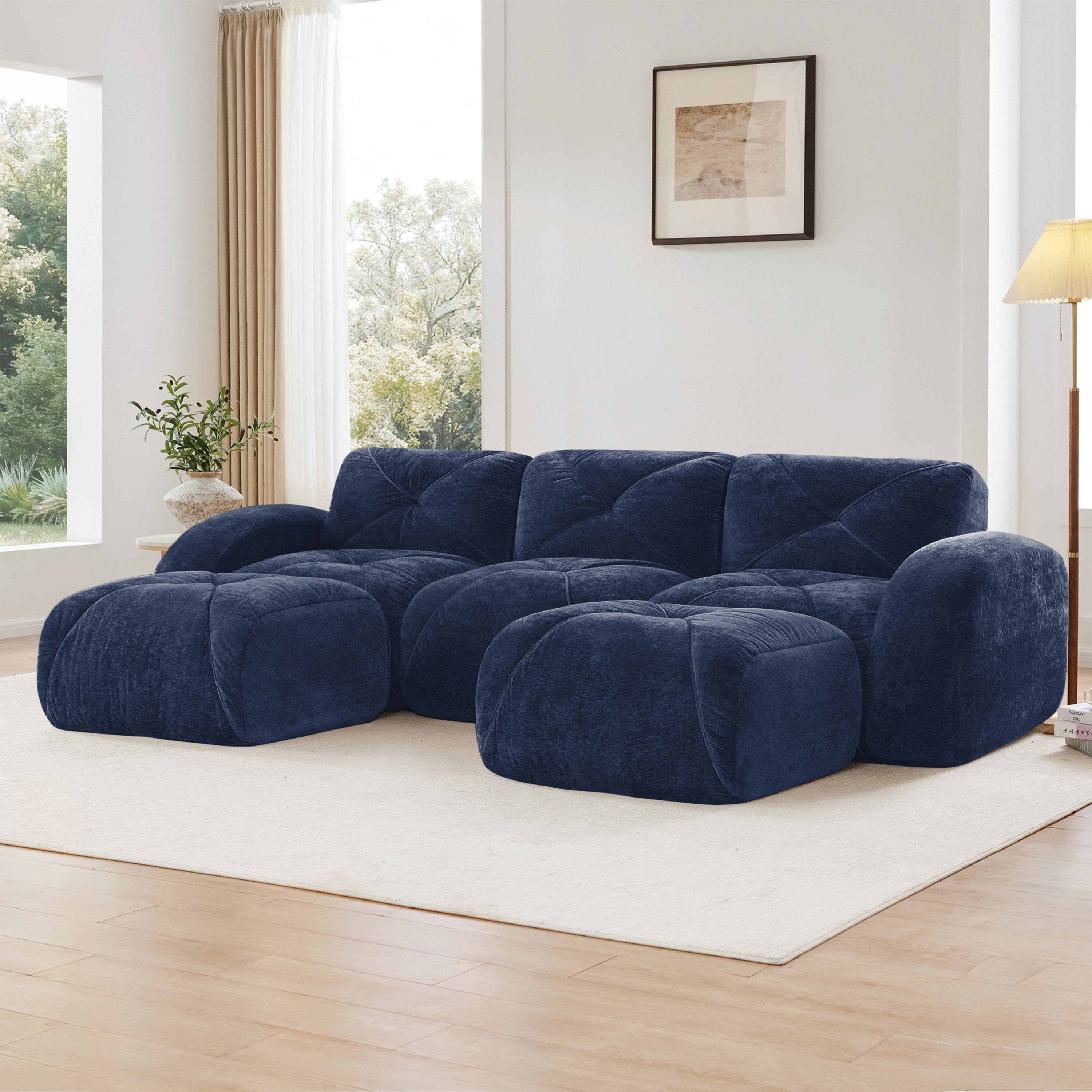 Alt View 2. Boyel Living - U Shaped Velvet Tufted Sofa Movable Ottomans 32D High Density Sponge Anti Slip Free Combo Study Theater Blue - Blue.