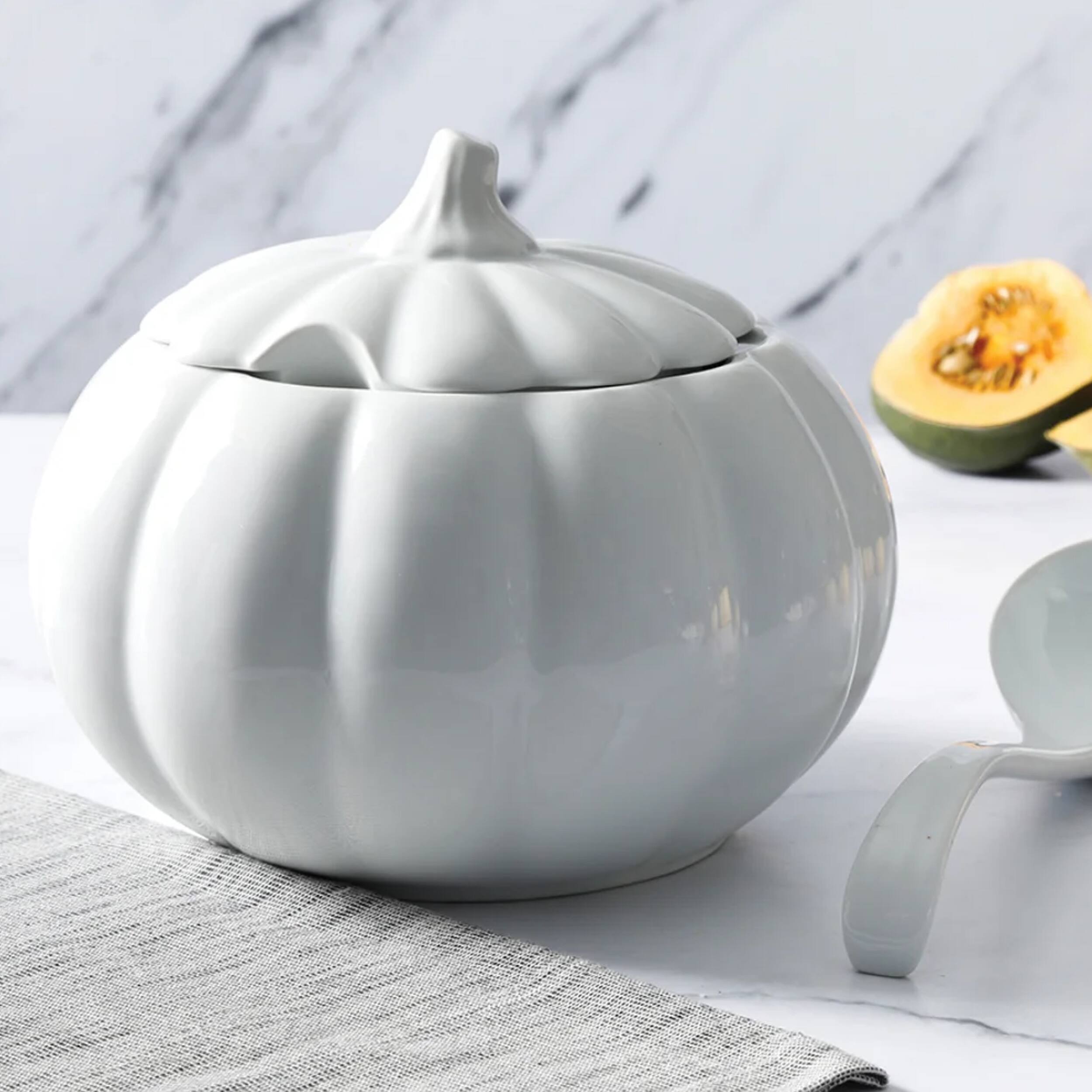 Alt View 5. Martha Stewart - Martha Stewart 5 Quart Fine Ceramic Pumpkin Soup Tureen With Lid and Ladle in White - White.