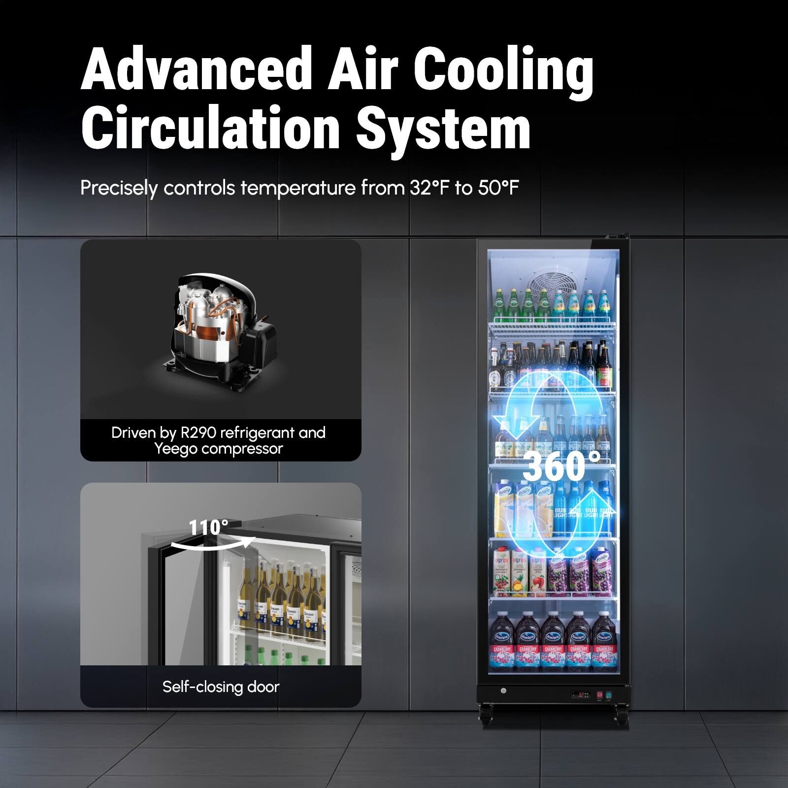 Advanced Air Cooling Circulation System  
Precisely controls temperature from 32°F to 50°F  
Driven by R290 refrigerant and Yeego compressor  
360°  
110°  
Self-closing door