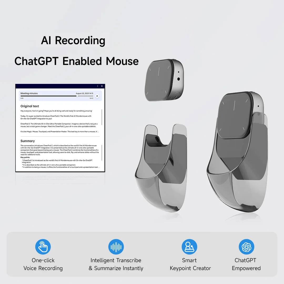 AI Recording ChatGPT Enabled Mouse

Meeting minutes  
August 22, 2023 14:15  
0:00 / 4:10

Original text  
Hey everyone, how's going? Hope you're all doing well and ready for something amazing!  
ChewiePod 2 is the world's first AI-powered, On-the-go ChatGPT integration device. Imagine a device that's not just a mouse, but a total game-changer. Meet ChewiePod 2, your ultra-portable AI wonder.  
ChewiePod 2: The Ultimate AI-Driven, On-the-go ChatGPT Integration. Imagine a device that's not just a mouse, but a total game-changer. Meet ChewiePod 2, your ultra-portable AI wonder.  
It's like Magic Mouse, Touchpad, and Presentation Mate. This tiny boy is more than a mouse!  

Summary  
The conversation introduces ChewiePod 2, which is described as the world's first AI-powered, On-the-go ChatGPT integration device. It is presented as the ultimate all-in-one portable mouse, touchpad, and presentation tool, allowing users to click, swipe, and flip slides without the need