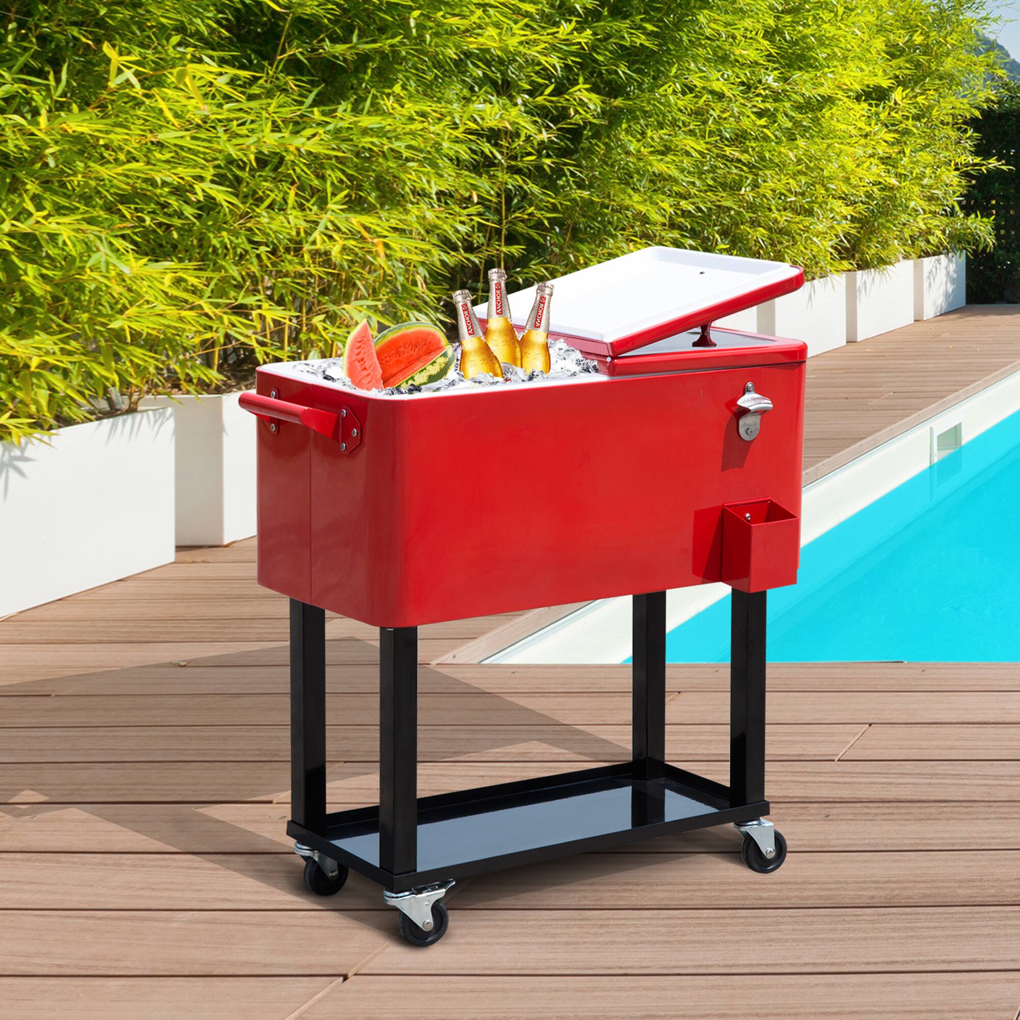 Alt View 1. Outsunny - 80 QT Rolling Cooling Bins Ice Chest on Wheels Outdoor Stand Up Drink Cooler Cart for Party - Red.