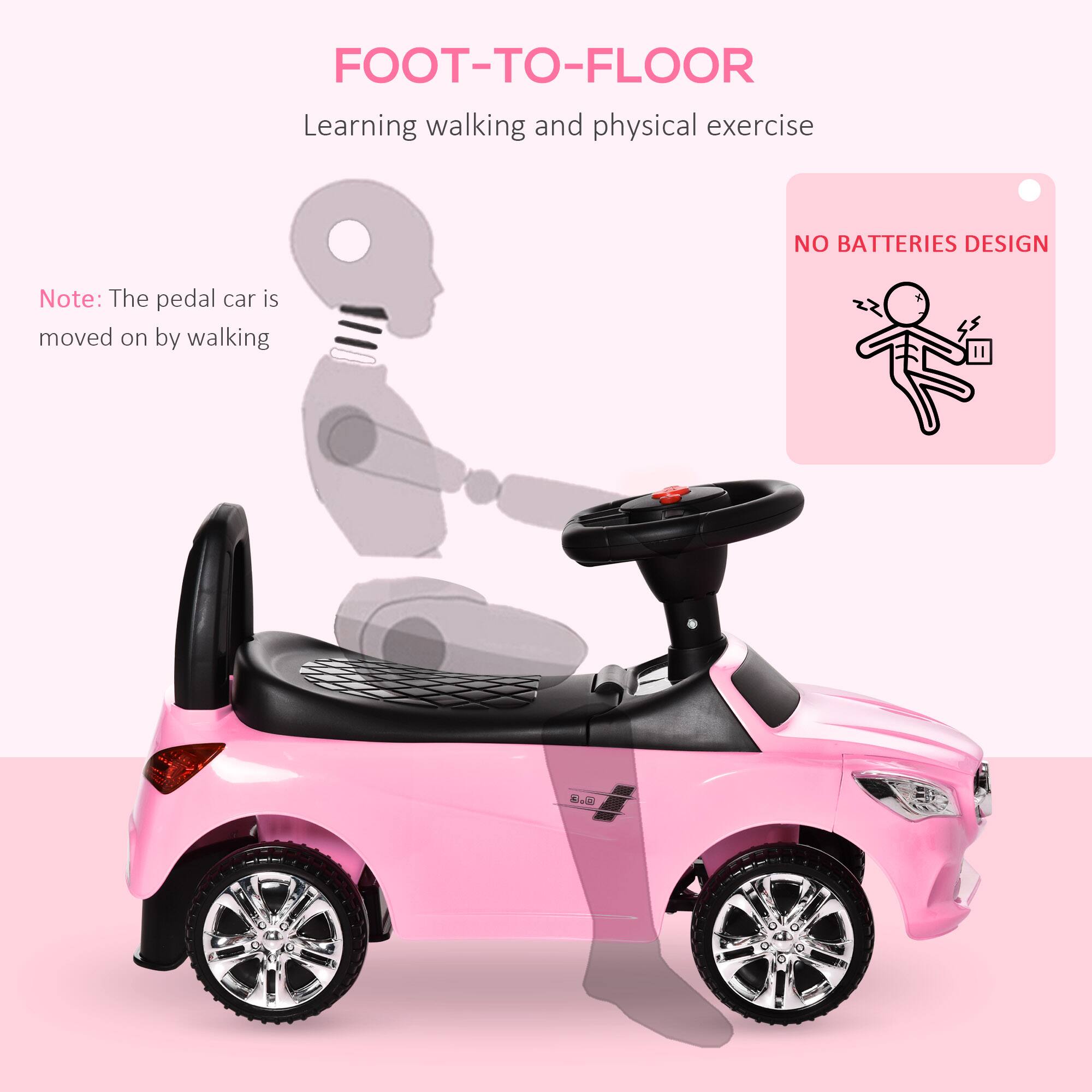 FOOT-TO-FLOOR  
Learning walking and physical exercise  

Note: The pedal car is moved on by walking  

NO BATTERIES DESIGN