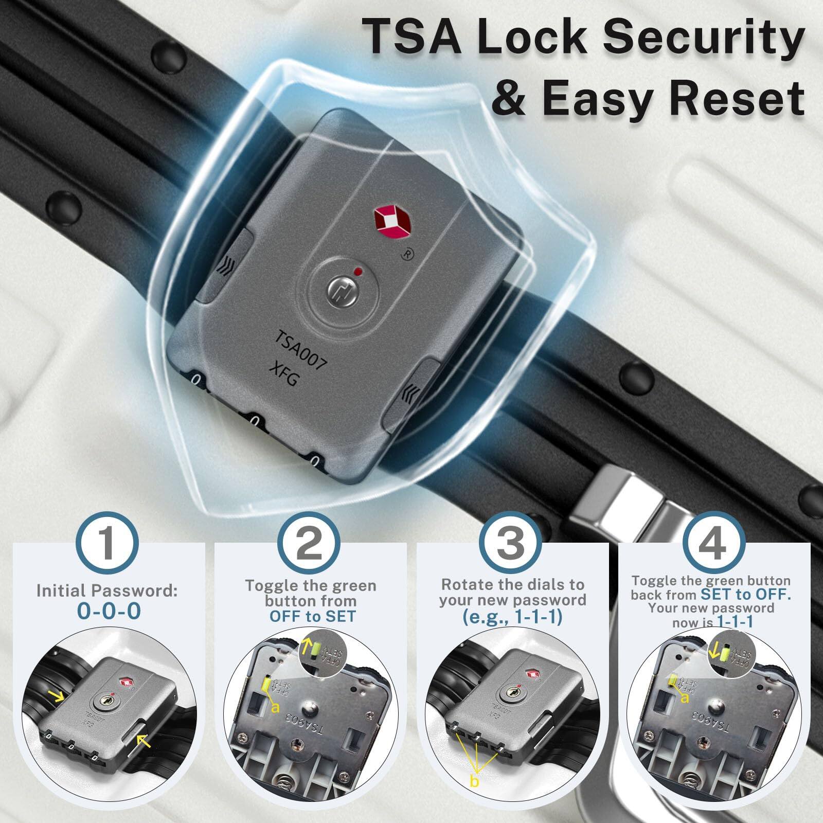 TSA Lock Security & Easy Reset

1. Initial Password: 0-0-0
2. Toggle the green button from OFF to SET
3. Rotate the dials to your new password (e.g., 1-1-1)
4. Toggle the green button back from SET to OFF. Your new password now is 1-1-1

TSA007 XFG

74 a 800951 805751 ELAS 15L