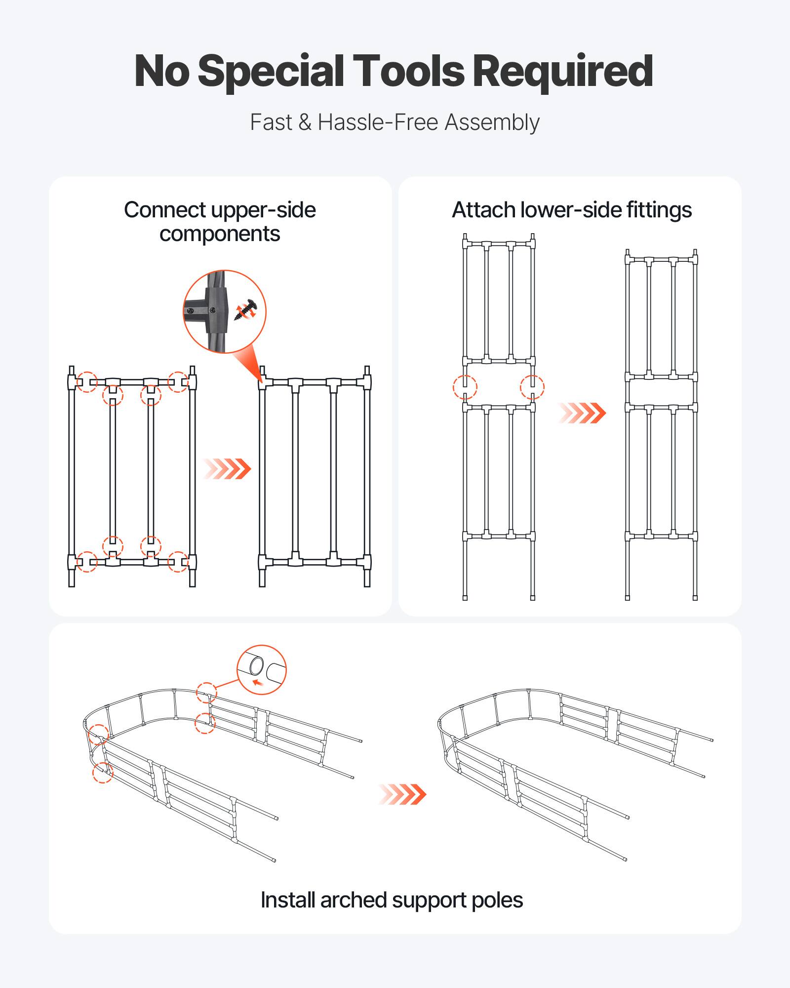 No Special Tools Required  
Fast & Hassle-Free Assembly  

1. Connect upper-side components  
2. Attach lower-side fittings  
3. Install arched support poles