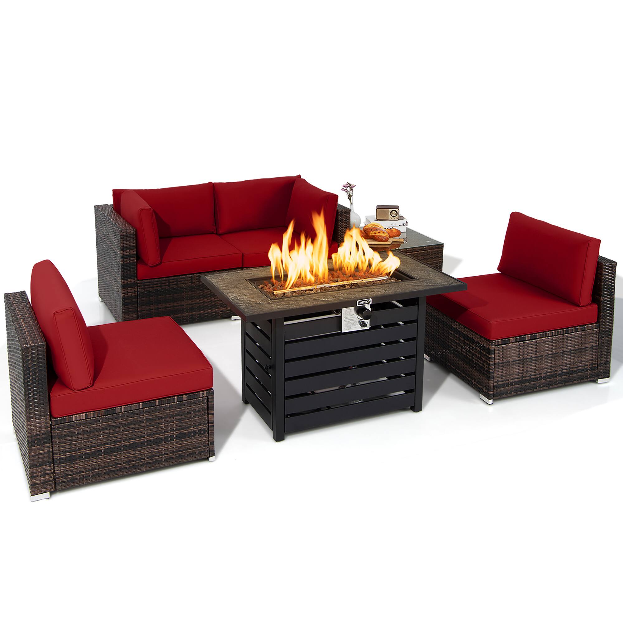 "Costway - 6PCS Patio Rattan Furniture Set 42"" Fire Pit Table Cover Sofa Cushion - Mix Brown,Red" price history on PriceWatchPro