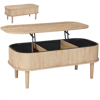 Front. VEVOR - 39.4 in Lift Top Coffee Table, Fluted Oval Coffee Table with 3 Hidden Compartment, Mid Century Wooden Oval Center Desk - Natural Wood.