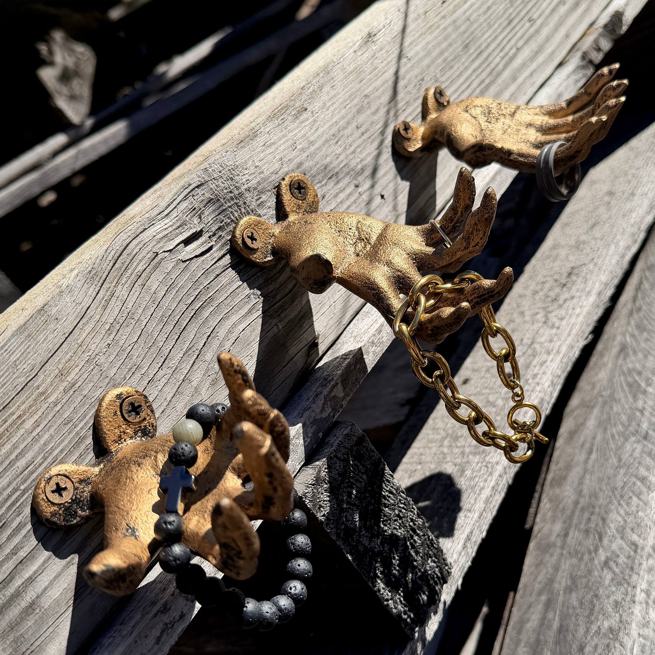 Alt View 3. Zeckos - Set of 3 Creepy Hand Wall Hooks Antique Gold Cast Iron Gothic Decor - Gold.