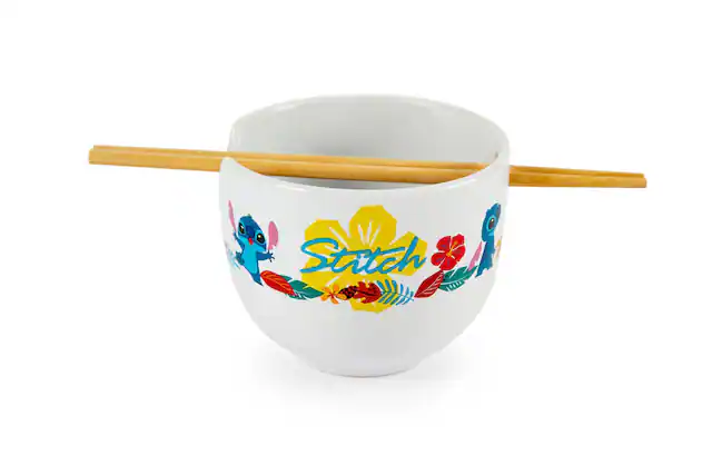 Front. Ukonic - Disney Lilo & Stitch Japanese Dinnerware Set | 16-Ounce Ramen Bowl, Chopsticks - White.