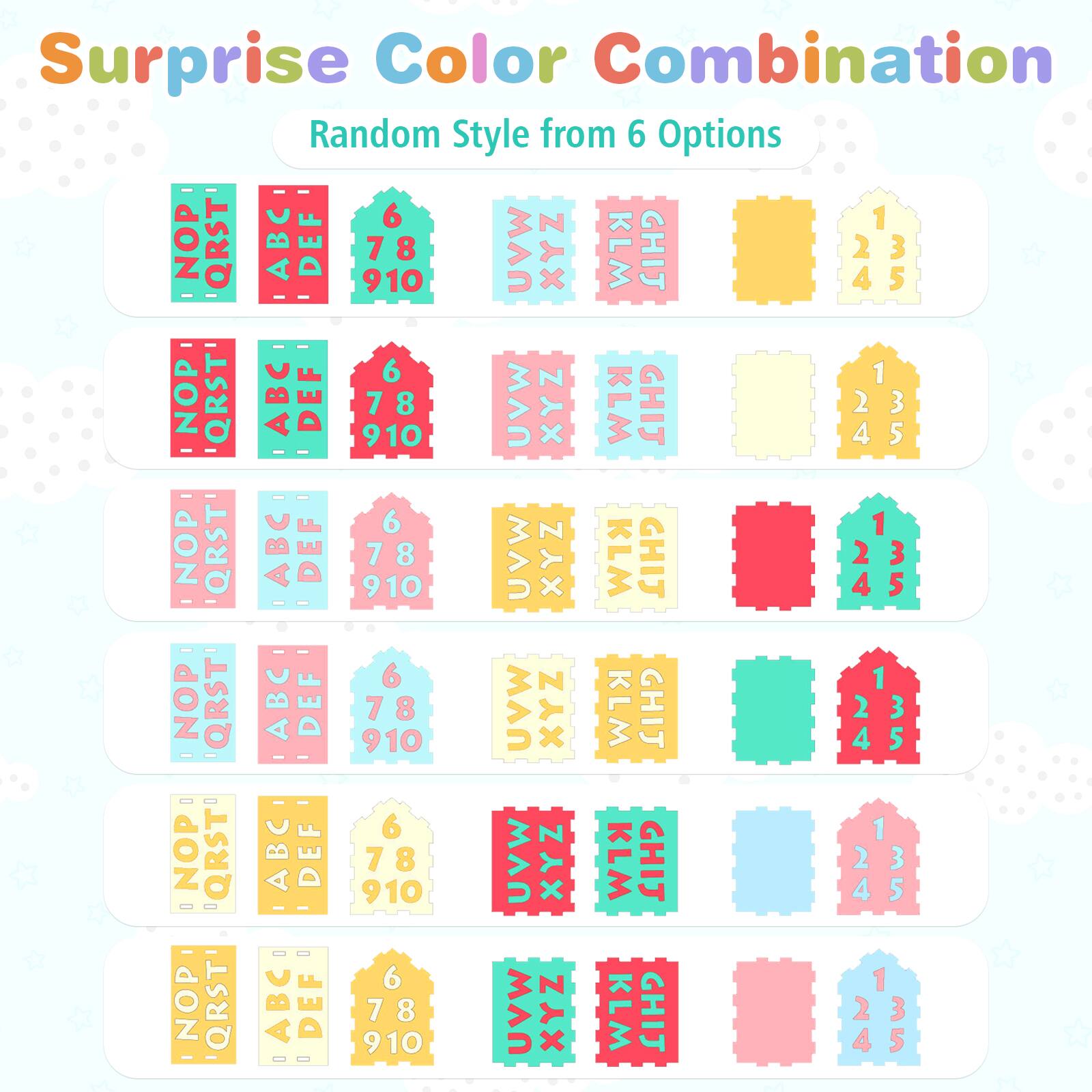 Surprise Color Combination  
Random Style from 6 Options  

1. NOP QRST ABC DEF  
   6 7 8 9 10  
   UVW XYZ KLM GHIJ  
   1 2 3 4 5  

2. NOP QRST ABC DEF  
   6 7 8 9 10  
   UVW XYZ KLM GHIJ  
   1 2 3 4 5  

3. NOP QRST ABC DEF  
   6 7 8 9 10  
   UVW XYZ KLM GHIJ  
   1 2 3 4 5  

4. NOP QRST ABC DEF  
   6 7 8 9 10  
   UVW XYZ KLM GHIJ  
   1 2 3 4 5  

5. NOP QRST ABC DEF  
   6 7 8 9 10  
   UVW XYZ KLM GHIJ  
   1 2 3 4 5  

6. NOP QRST ABC DEF  
   6 7 8 9 10  
   UVW XYZ KLM GHI