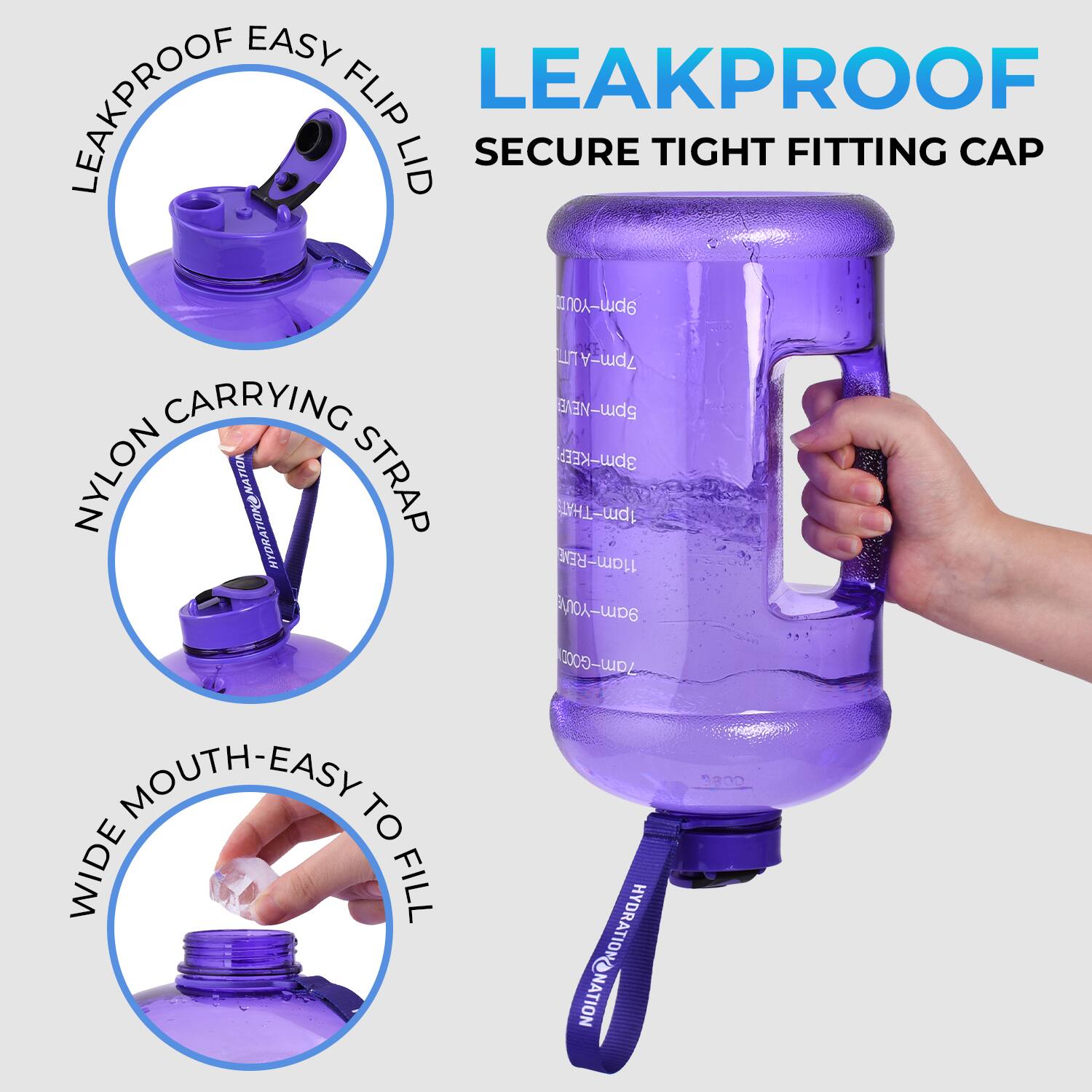 EASY LEAKPROOF FLIP LID  
SECURE TIGHT FITTING CAP  
NYLON CARRYING STRAP  
WIDE MOUTH-EASY TO FILL  
HYDRATION NATION