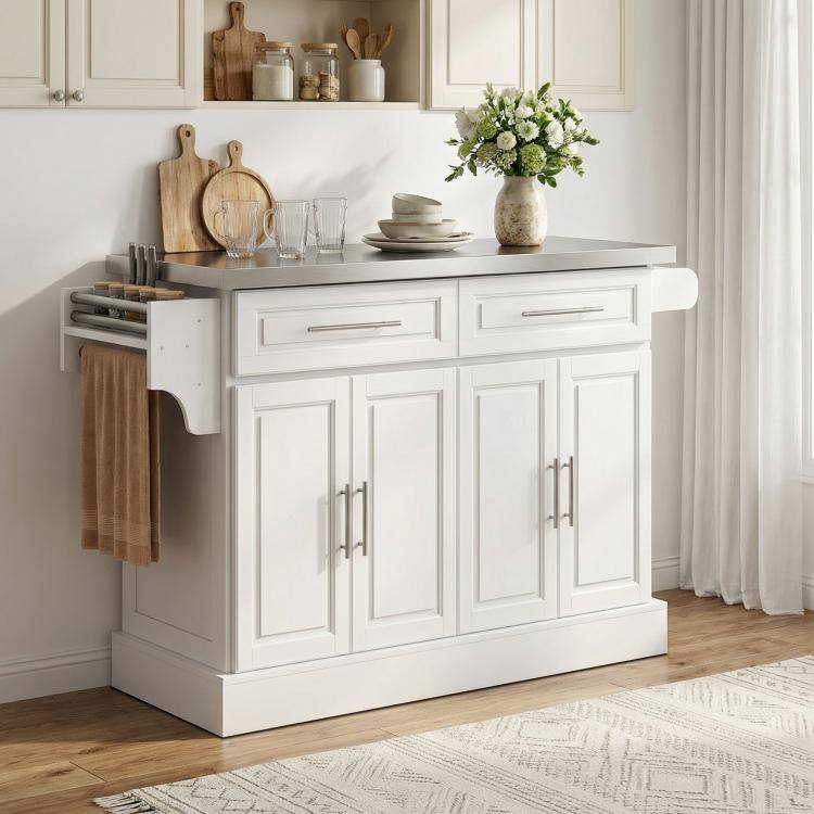 Alt View 9. PULUZ - Rolling Kitchen Island Cart with 47 inch Stainless Steel Top, Portable Island Table for Kitchen with Wheels - White.