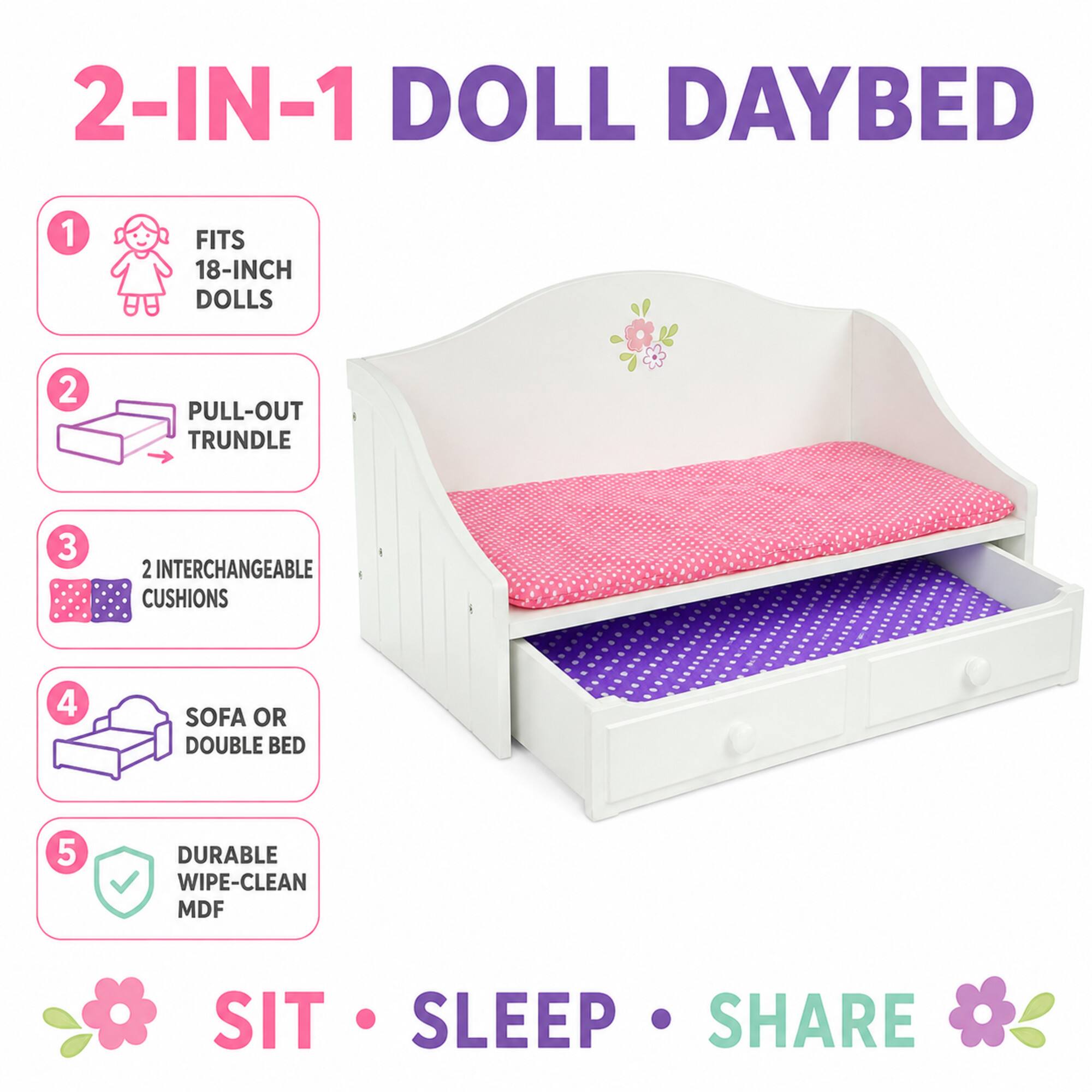2-IN-1 DOLL DAYBED

1. FITS 18-INCH DOLLS
2. PULL-OUT TRUNDLE
3. 2 INTERCHANGEABLE CUSHIONS
4. SOFA OR DOUBLE BED
5. DURABLE WIPE-CLEAN MDF

SIT • SLEEP • SHARE