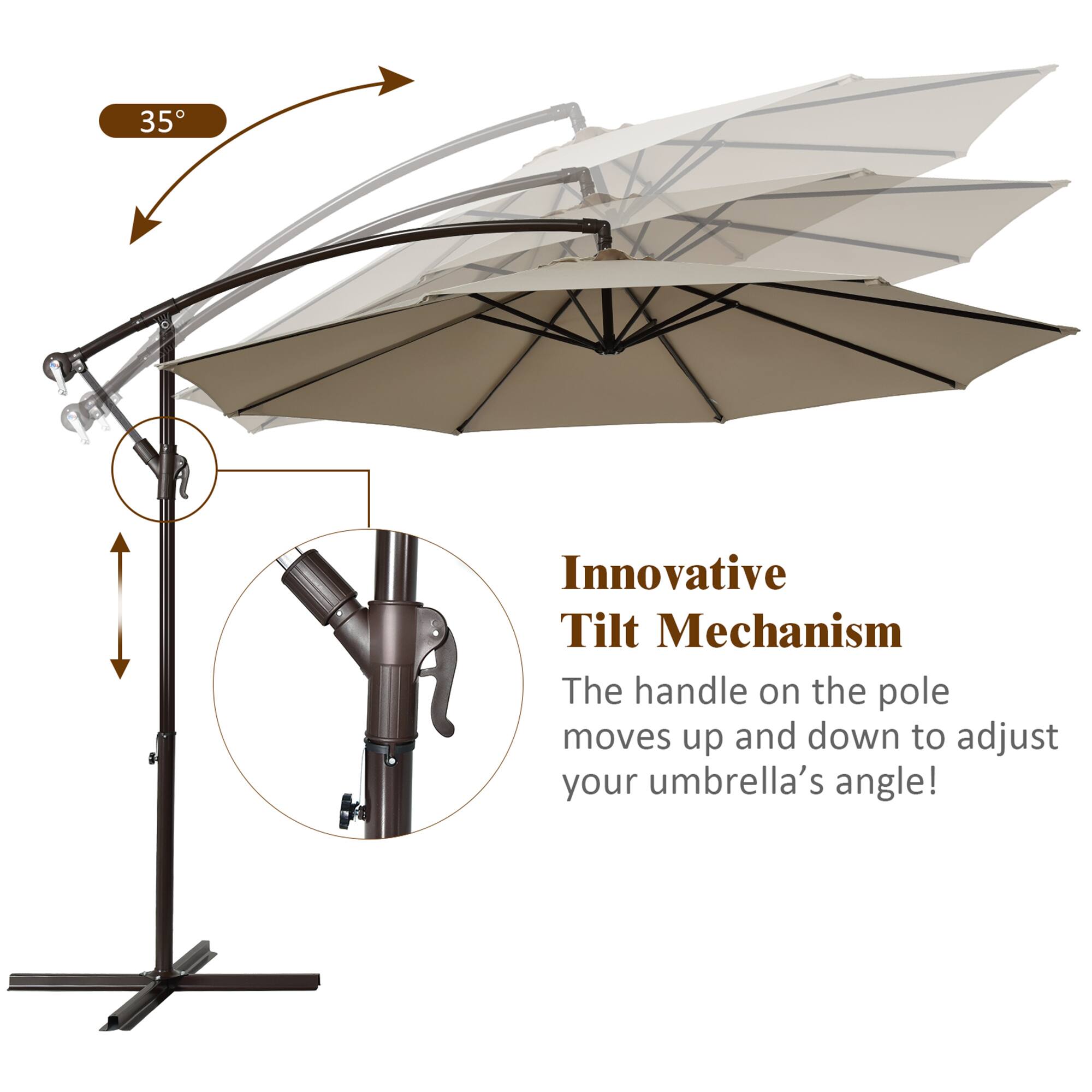 35°, Innovative Tilt Mechanism, The handle on the pole moves up and down to adjust your umbrella's angle!