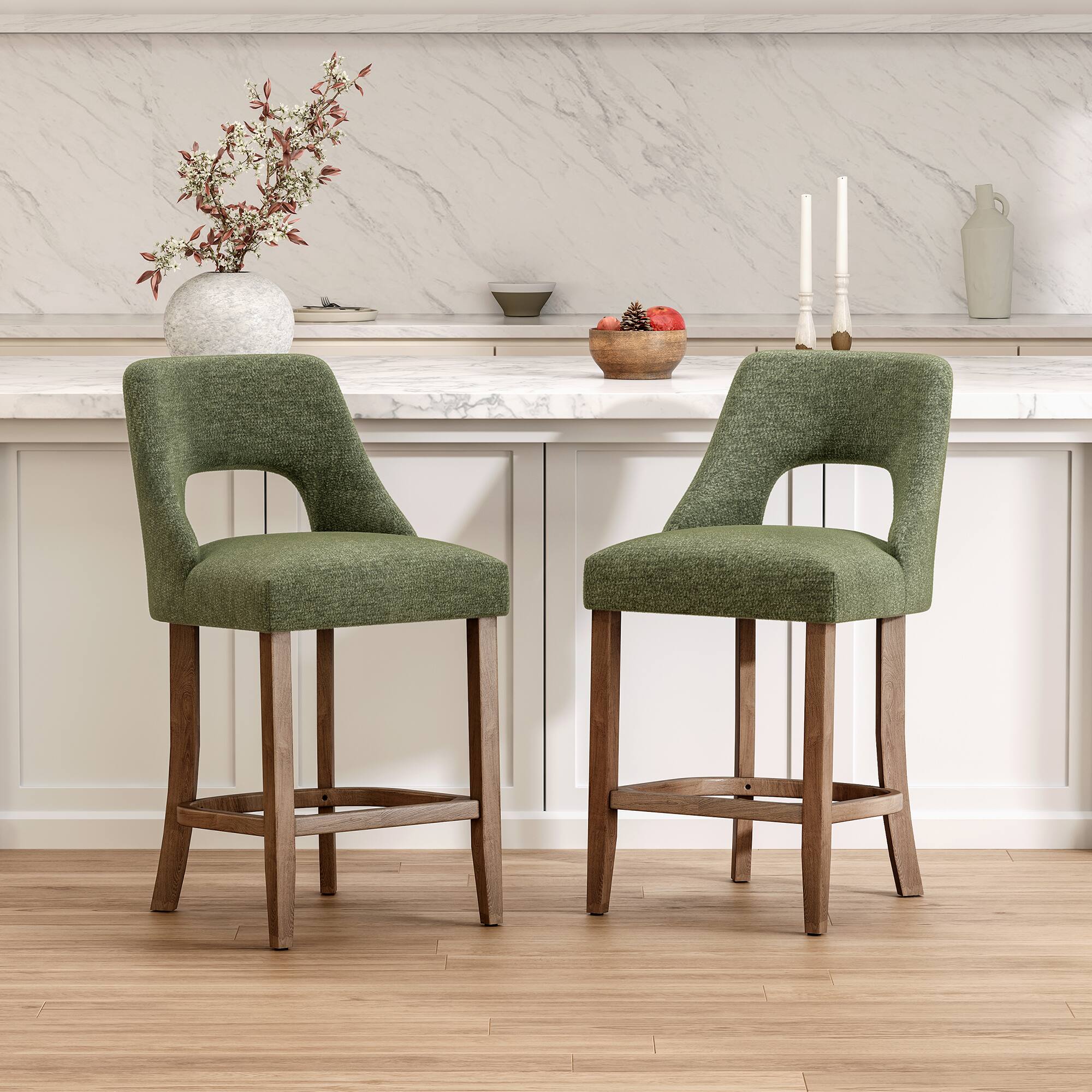 Front. Whisen - 2-Piece Upholstered Wood Counter Height Bar Stools for Kitchen Island & Dining Room - Green.