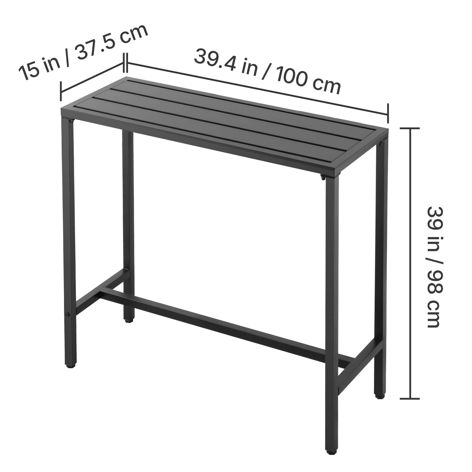 - Width: 15 in / 37.5 cm
- Depth: 39.4 in / 100 cm
- Height: 39 in / 98 cm
