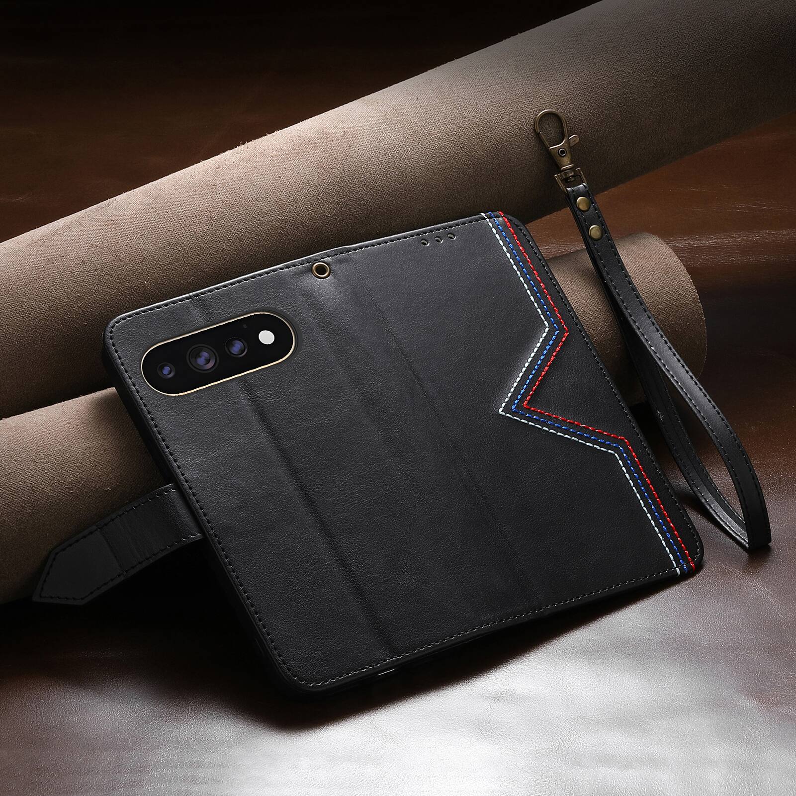 Alt View 4. Dteck - Wallet Phone Case for Google Pixel 11 Pro XL with Wrist Strap, Slim Shockproof Leather Kickstand Folio Protective Cover - Black.