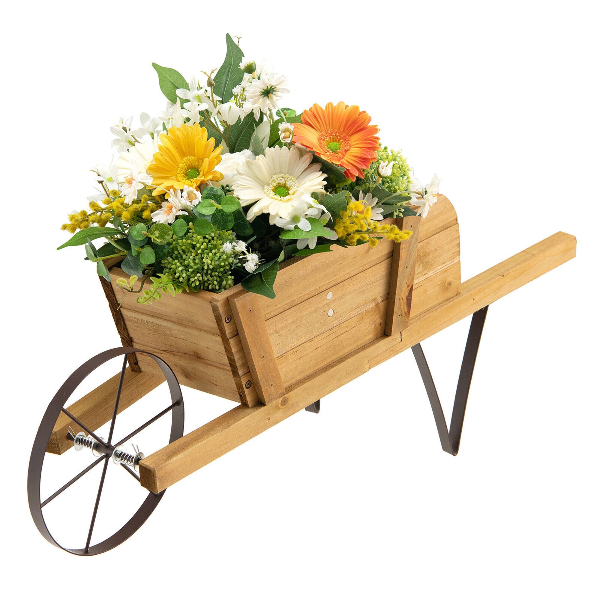 Alt View 9. Gymax - Gymax Wooden Wagon Planter Decorative Indoor/ Outdoor Rustic Flower Cart w/ Wheel Walnut - Walnut.