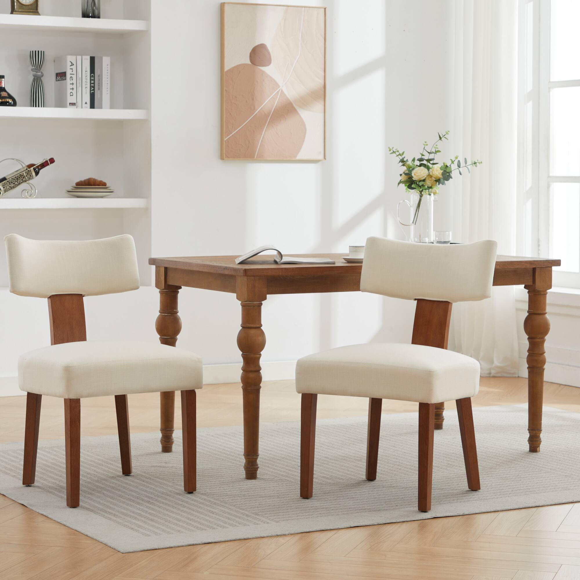 Alt View 4. GOODSILO - Set of 2 Modern Armless Dining Chairs with Curved Backrest and Solid Wooden Legs for Dining and Living Room - Beige.