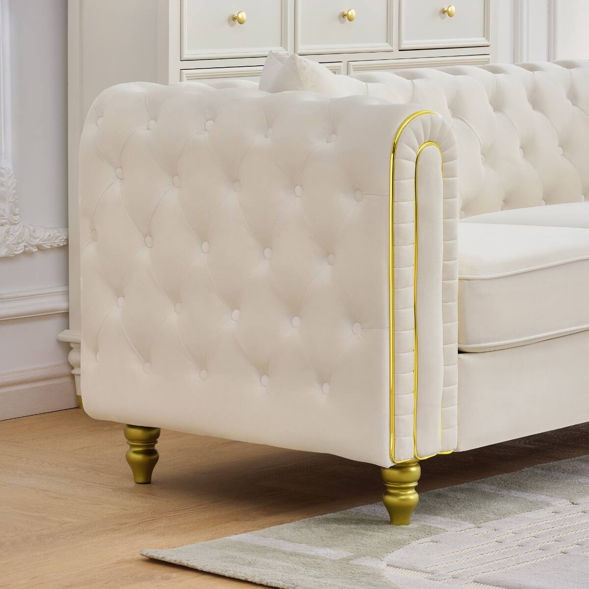 Alt View 6. Ropilly - Ropilly Beige Velvet Sofa Set Chesterfield Loveseat Style with Button Tufting Gold Legs for 6 Seat Living Room - Beige.